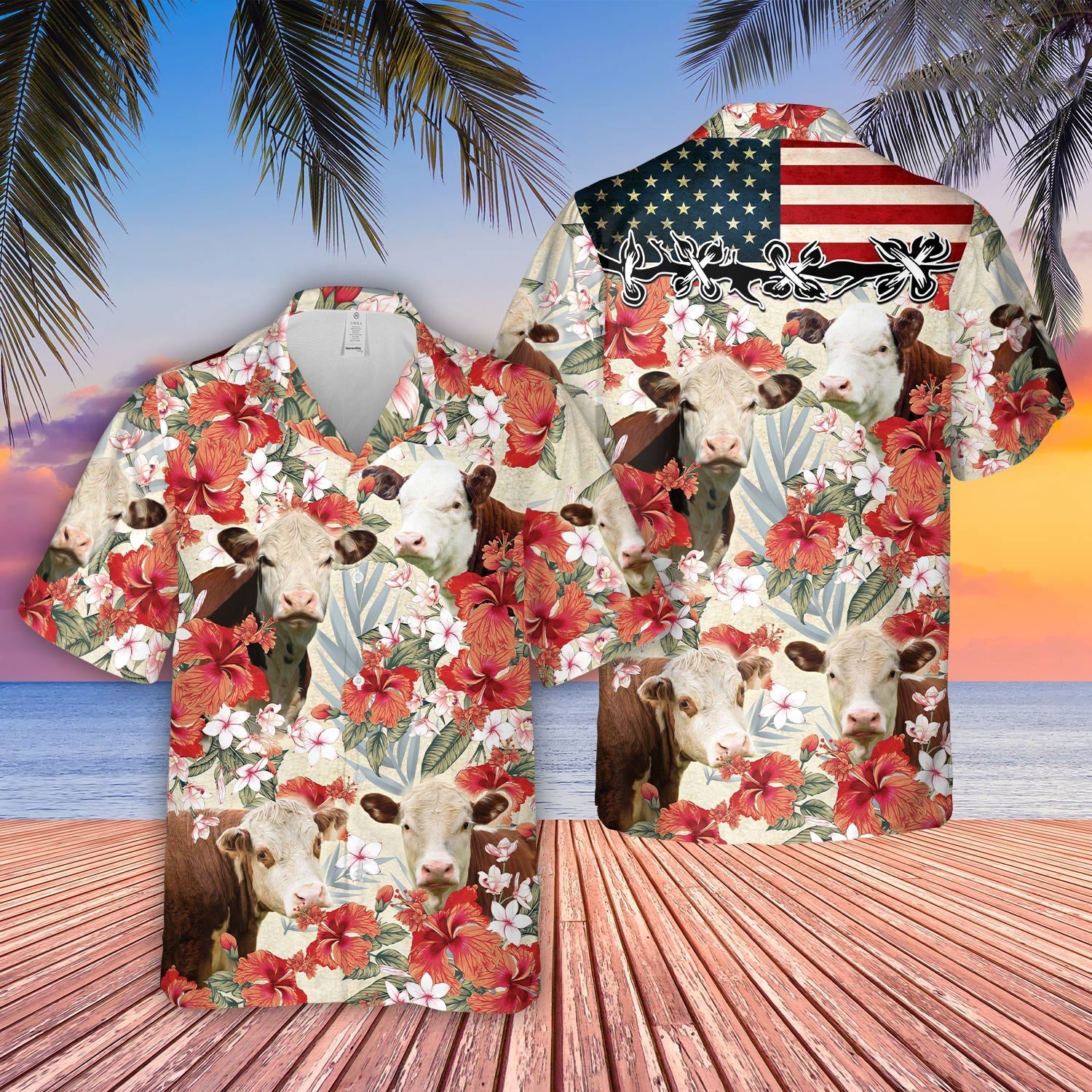 Hereford Hibicus Floral US Flag 3D Hawaiian Shirt
