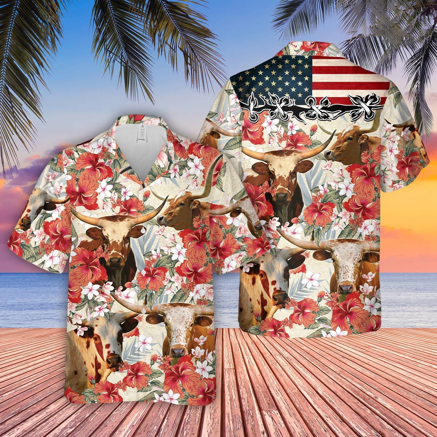 Texas Longhorn Hibicus Floral US Flag 3D Hawaiian Shirt