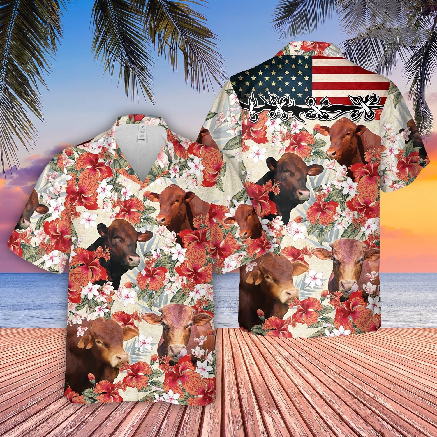 Beefmaster Hibicus Floral US Flag 3D Hawaiian Shirt