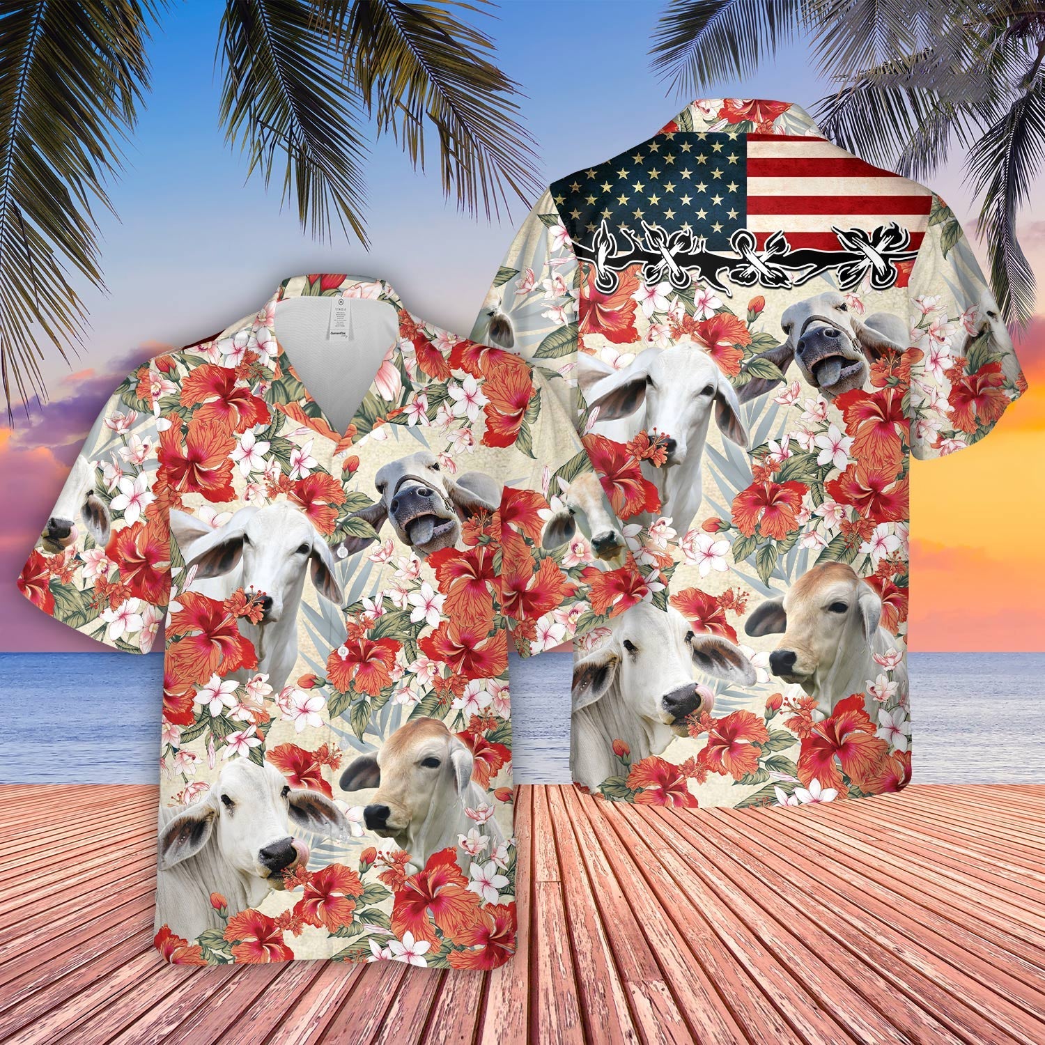 Brahman Hibicus Floral US Flag 3D Hawaiian Shirt