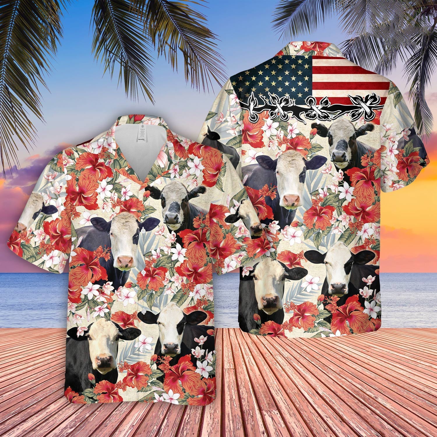 Black Baldy Hibicus Floral US Flag 3D Hawaiian Shirt