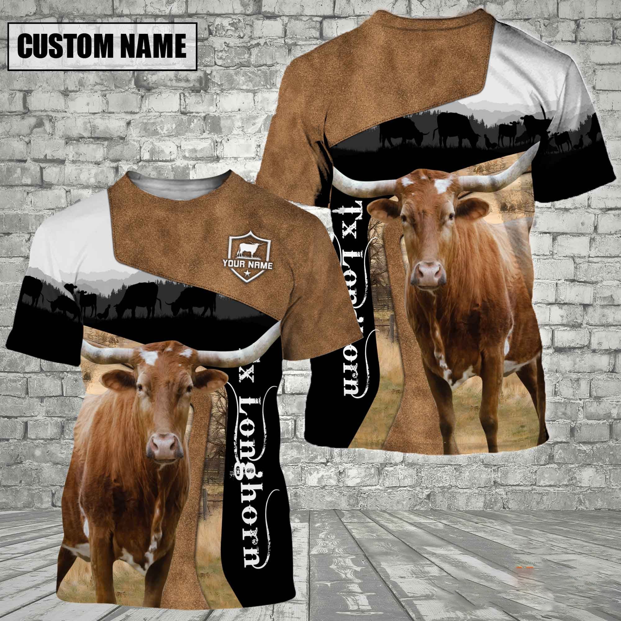 Texas Longhorn Black Brown Customized Name 3D T-Shirt