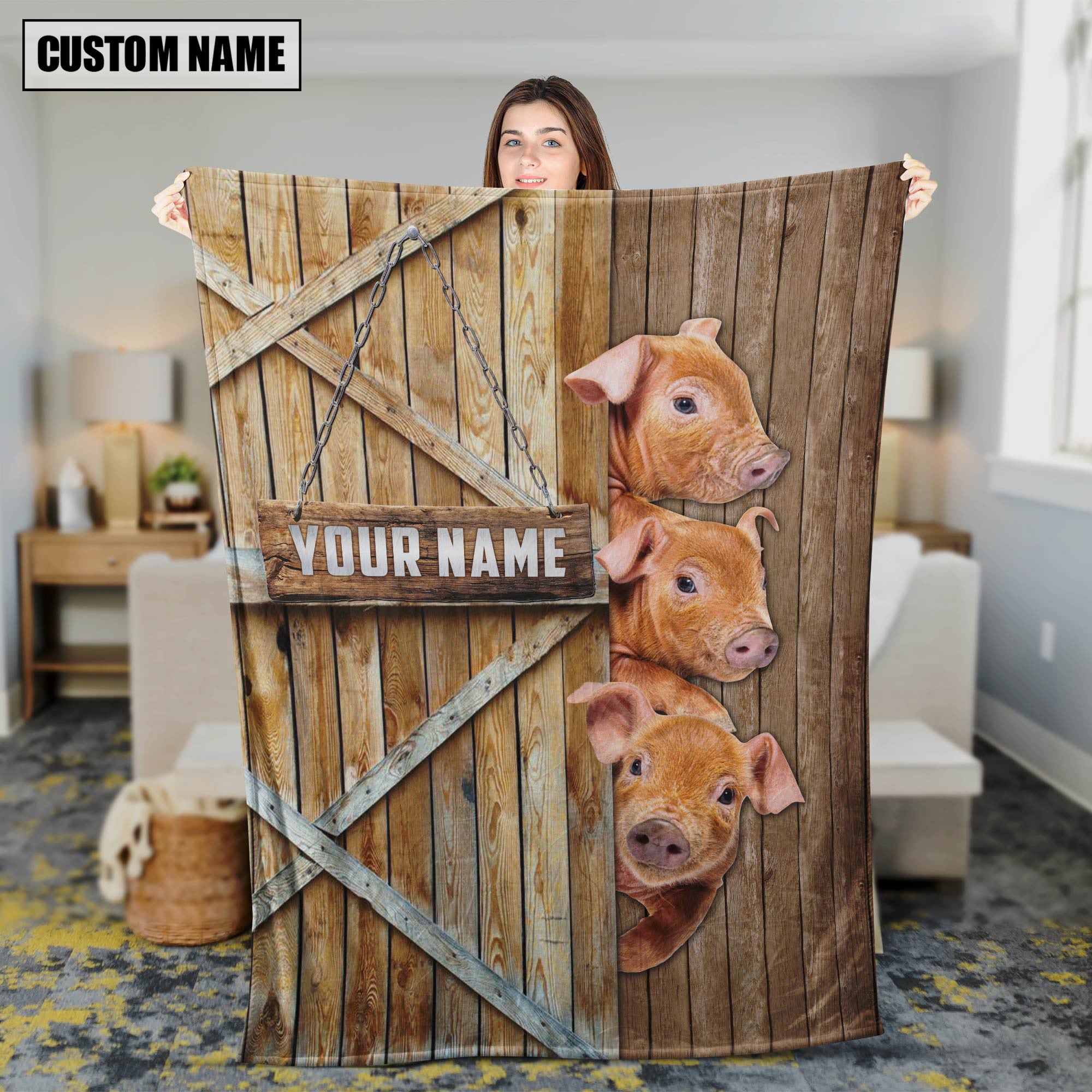 Personalized Name Pig Brown Barn Blanket