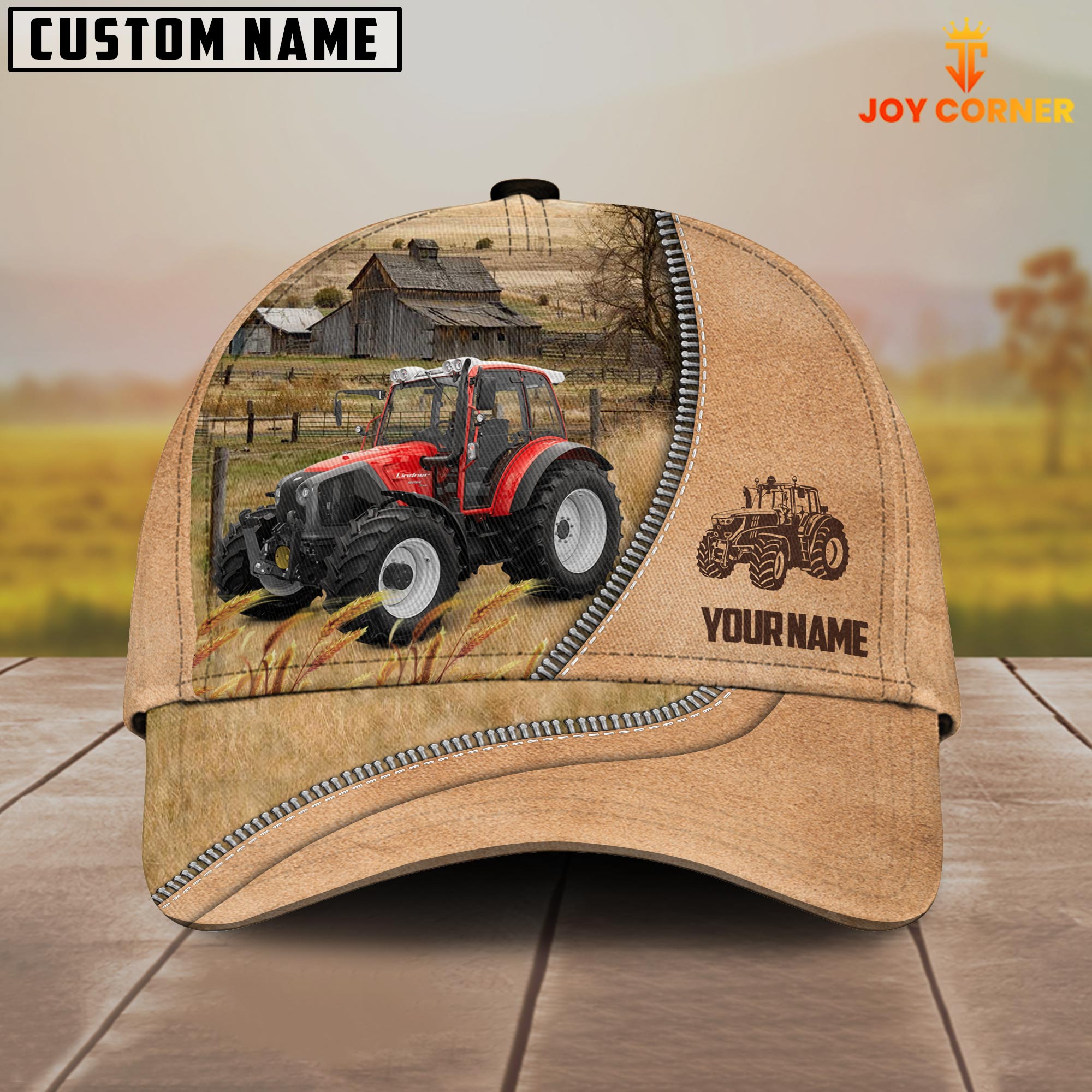 Red Tractor Farming Light Brown Customized Name Cap