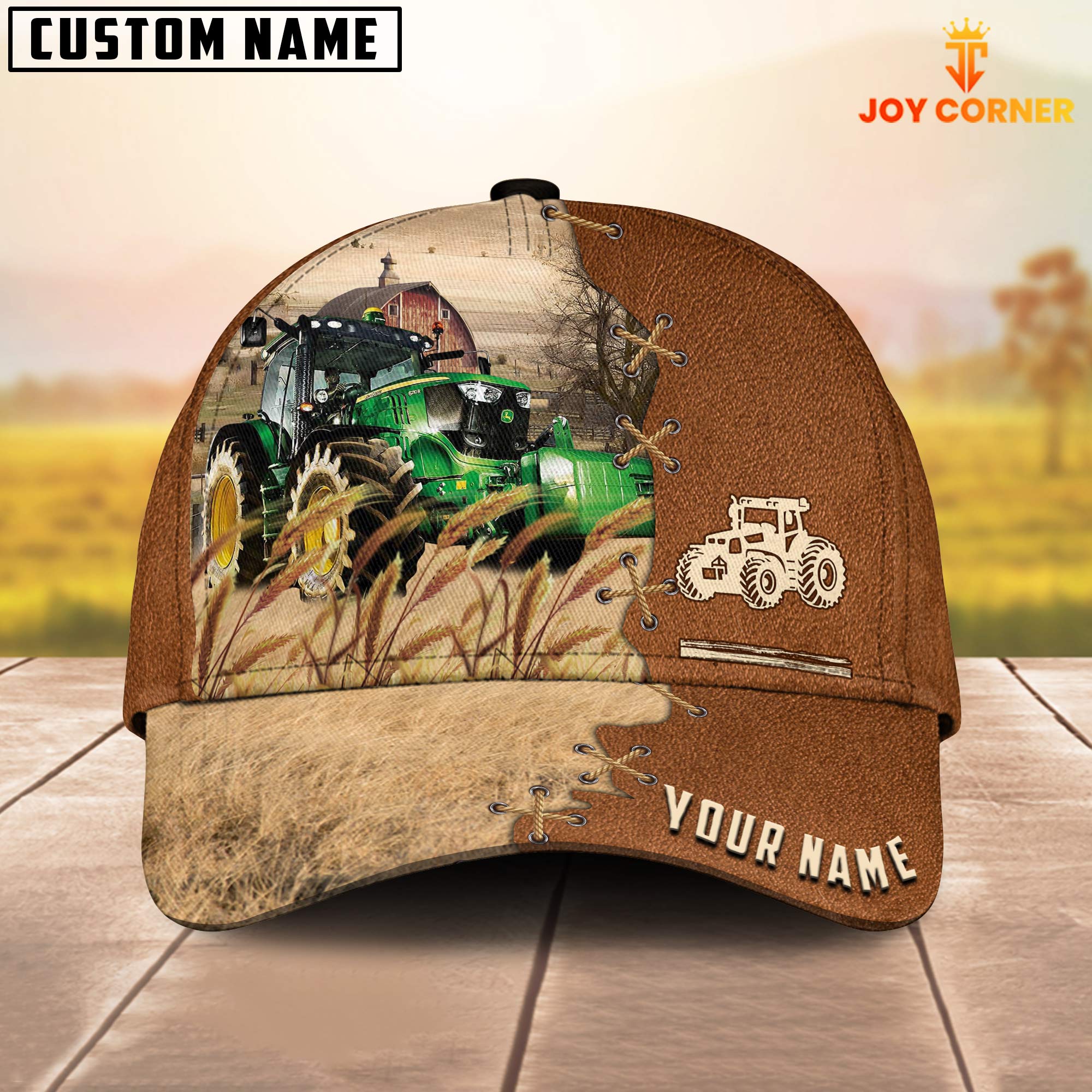 Farm Tractor Custom Name Brown Leather Pattern Cap