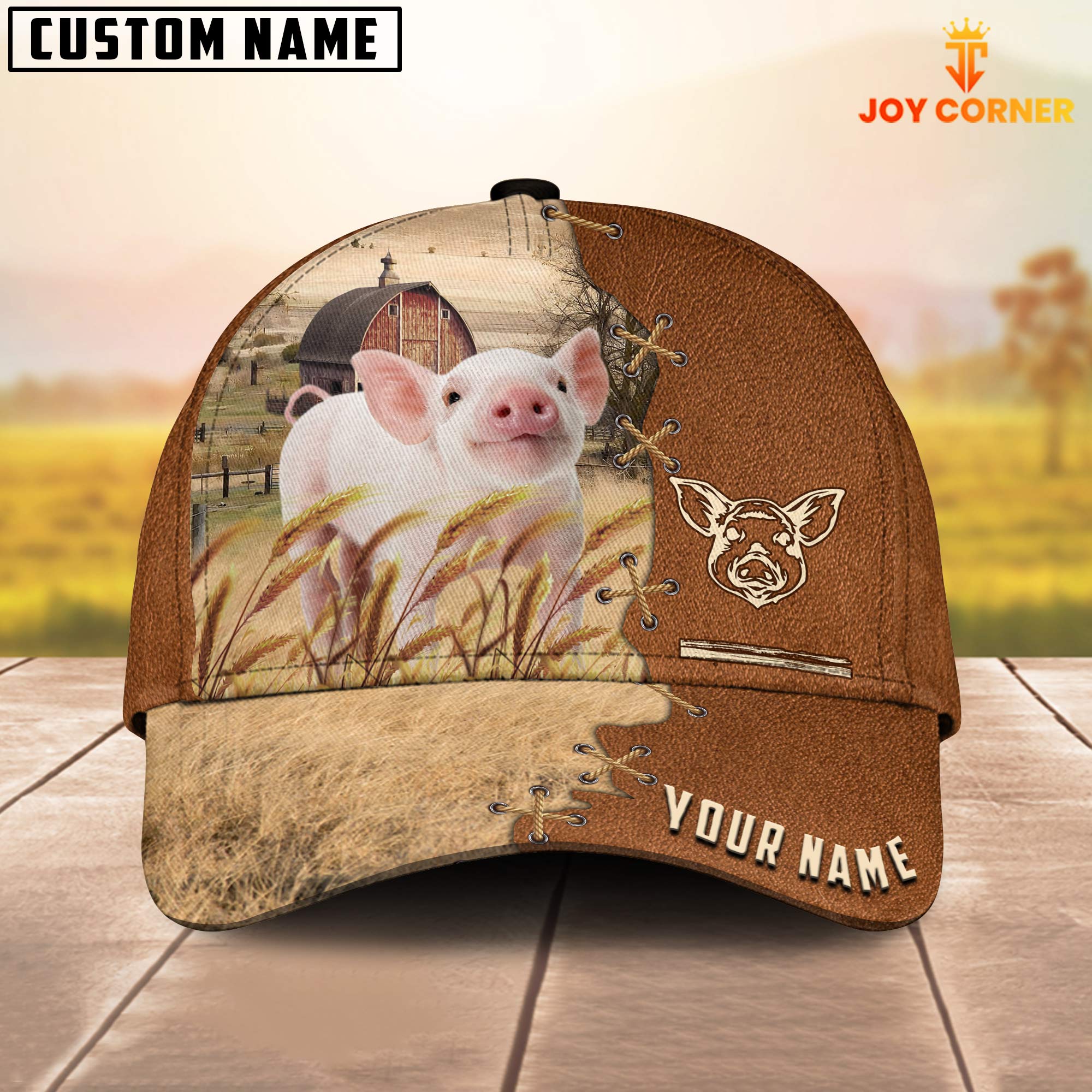 Pig Custom Name Brown Leather Pattern Cap