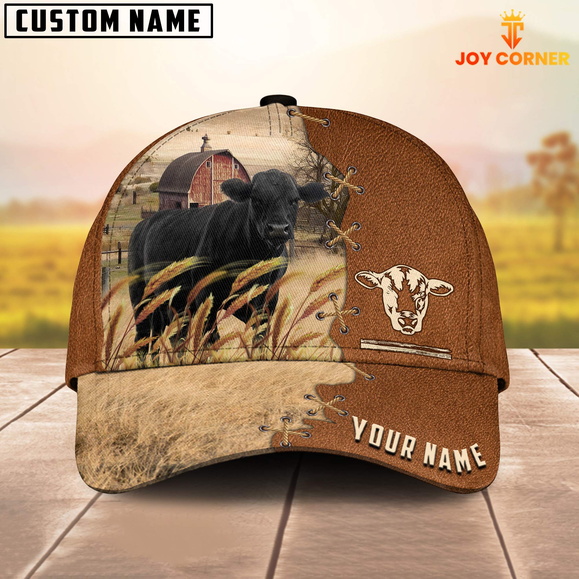Black Angus Custom Name Brown Leather Pattern Cap