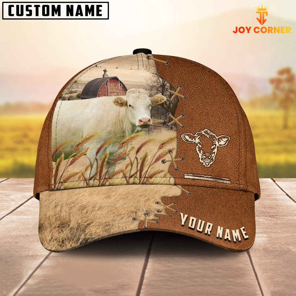 Charolais No Horn Custom Name Brown Leather Pattern Cap