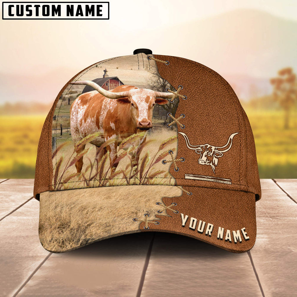 Texas Longhorn Custom Name Brown Leather Pattern Cap
