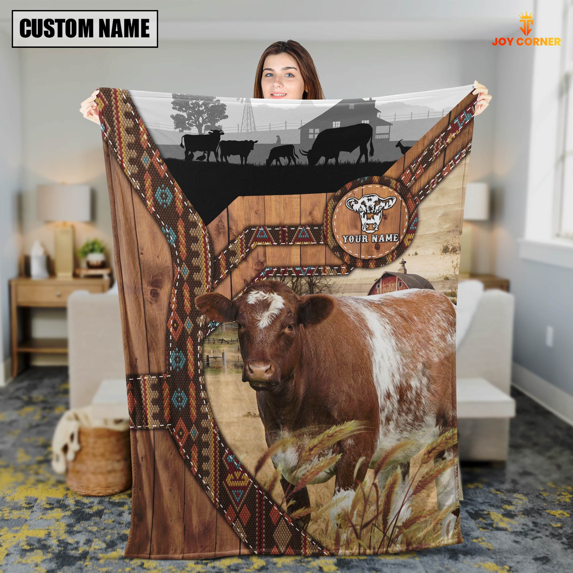 Shorthorn Custom Name Brocade Pattern Blanket