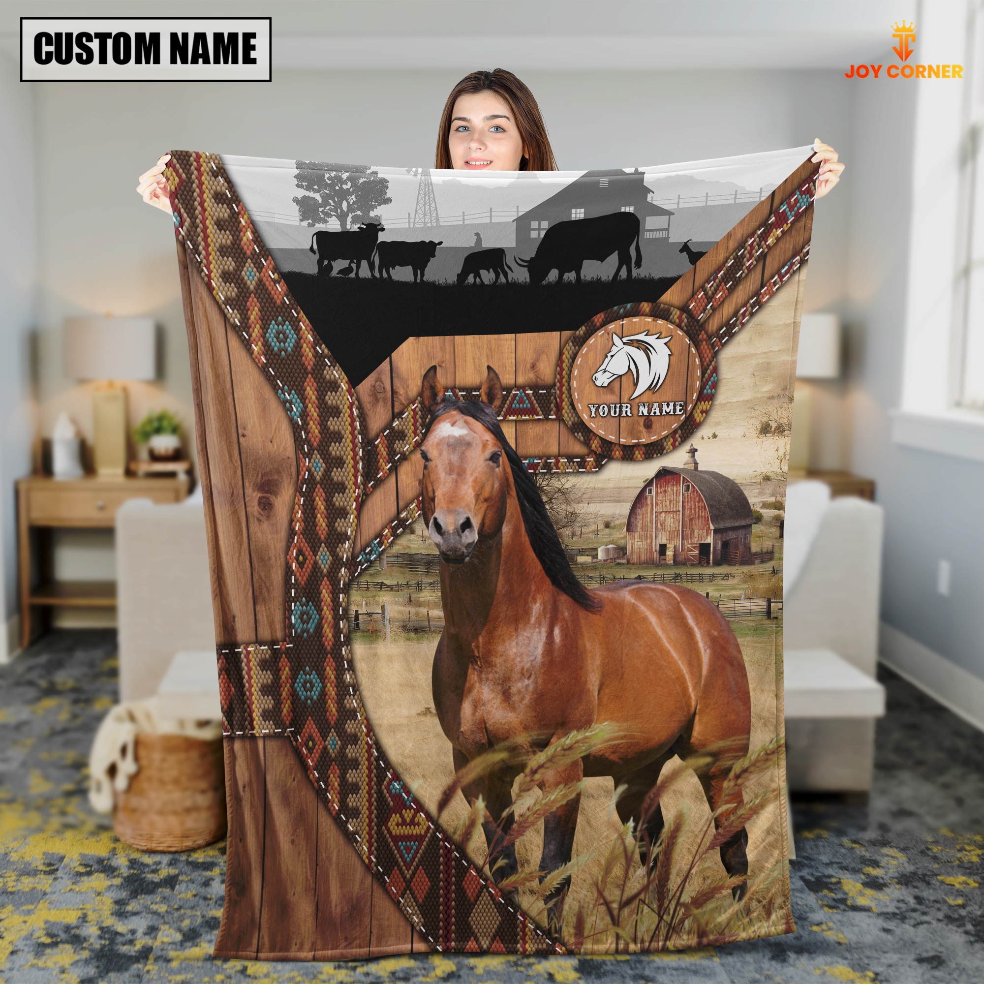 Horse Custom Name Brocade Pattern Blanket