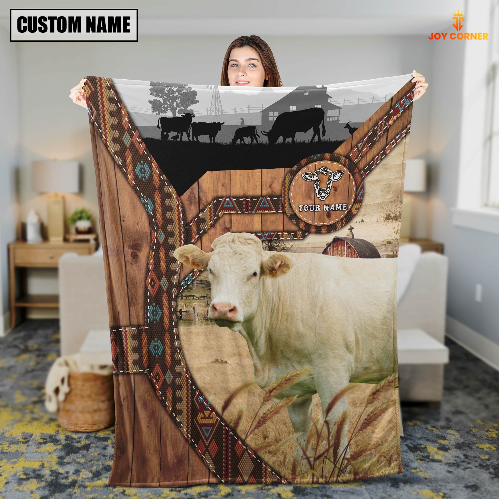 Charolais No Horn Custom Name Brocade Pattern Blanket