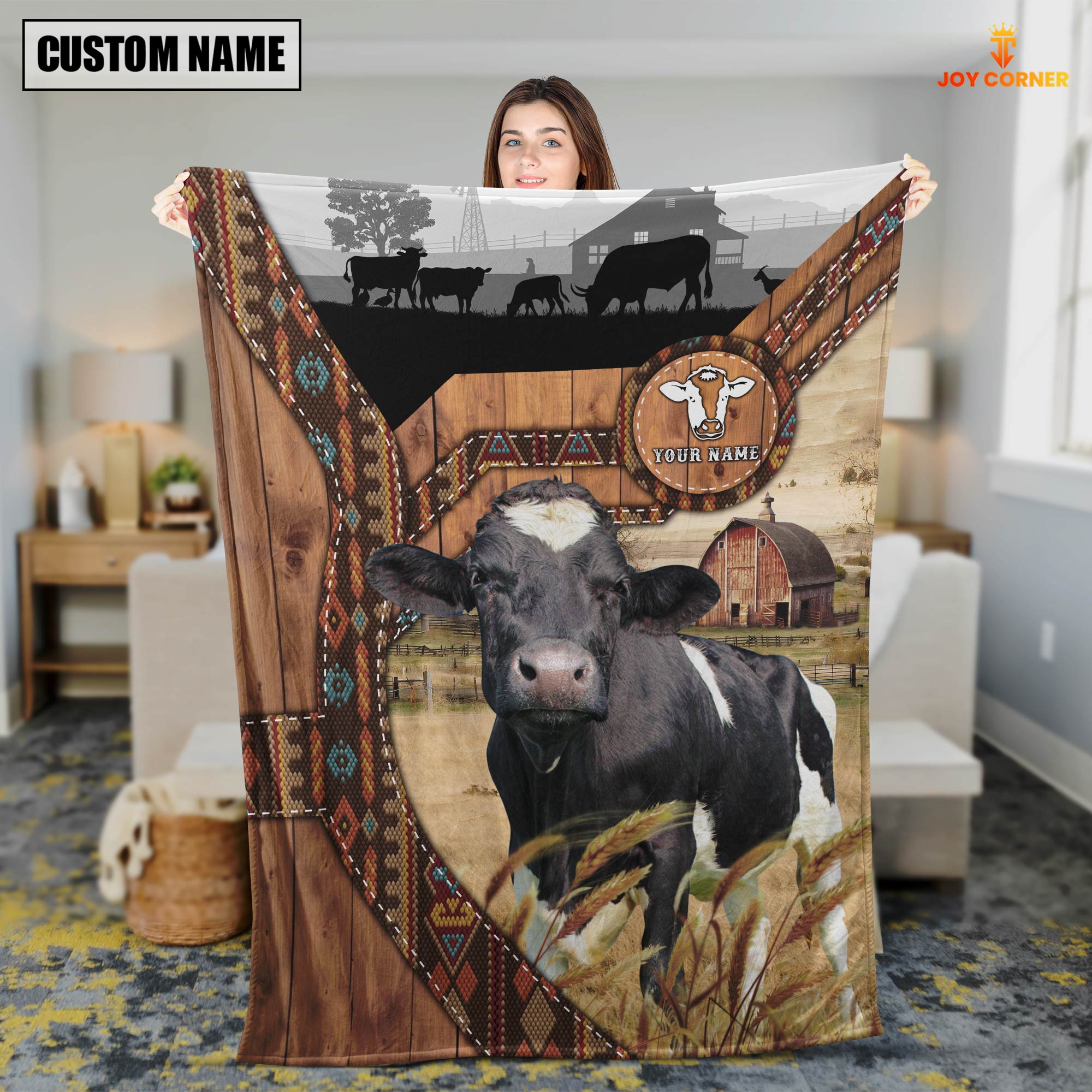 Holstein Custom Name Brocade Pattern Blanket