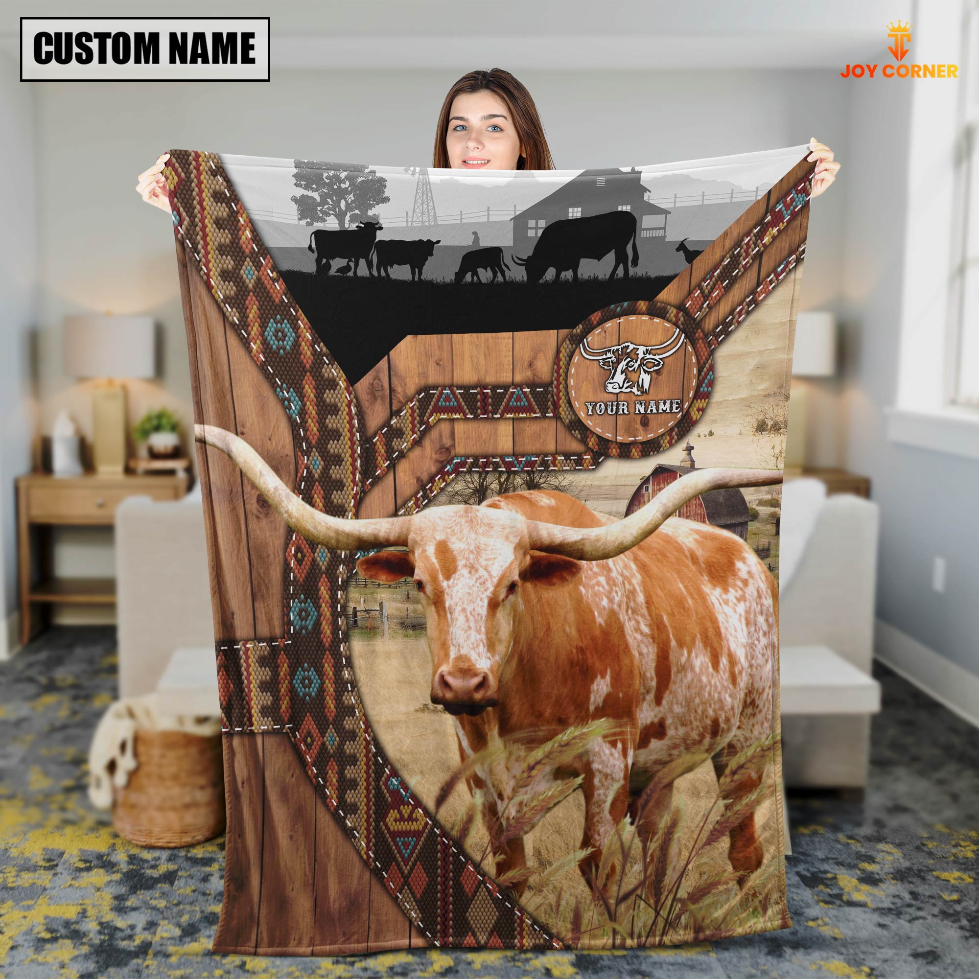 Texas Longhorn Custom Name Brocade Pattern Blanket