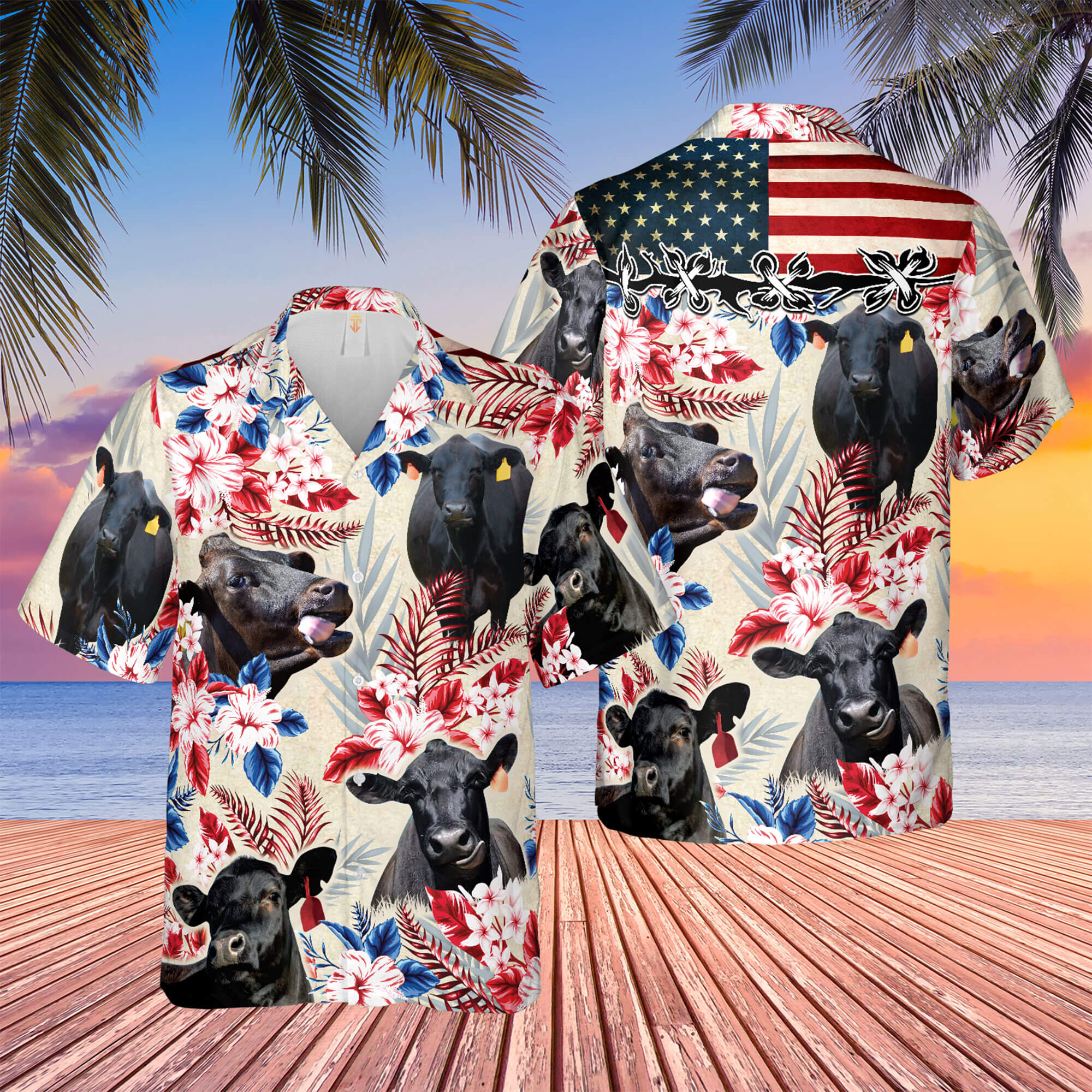 Unique Black Angus American Flag Flowers Hawaiian Shirt