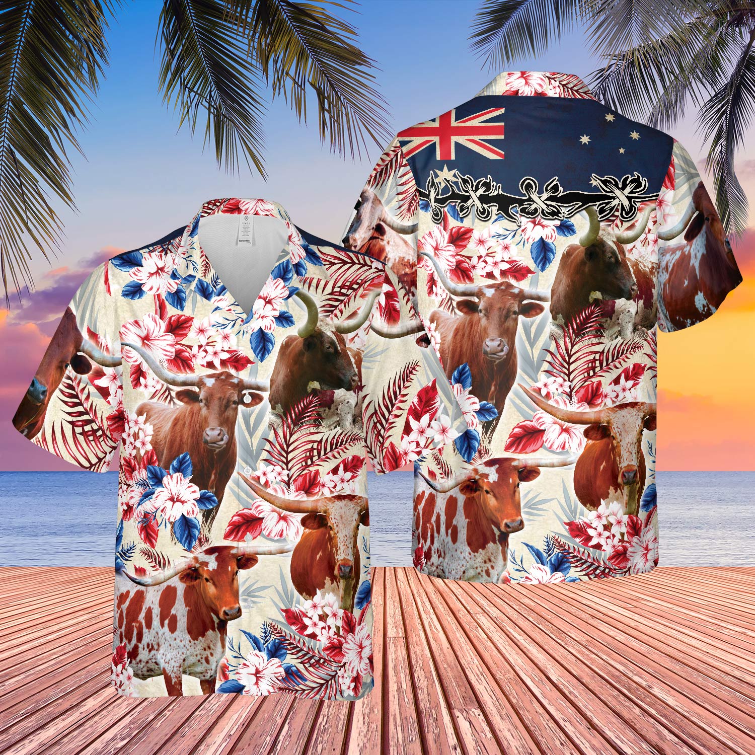 Unique Longhorn Cattle Australia Flag Hawaiian Flowers Hawaiian Shirt