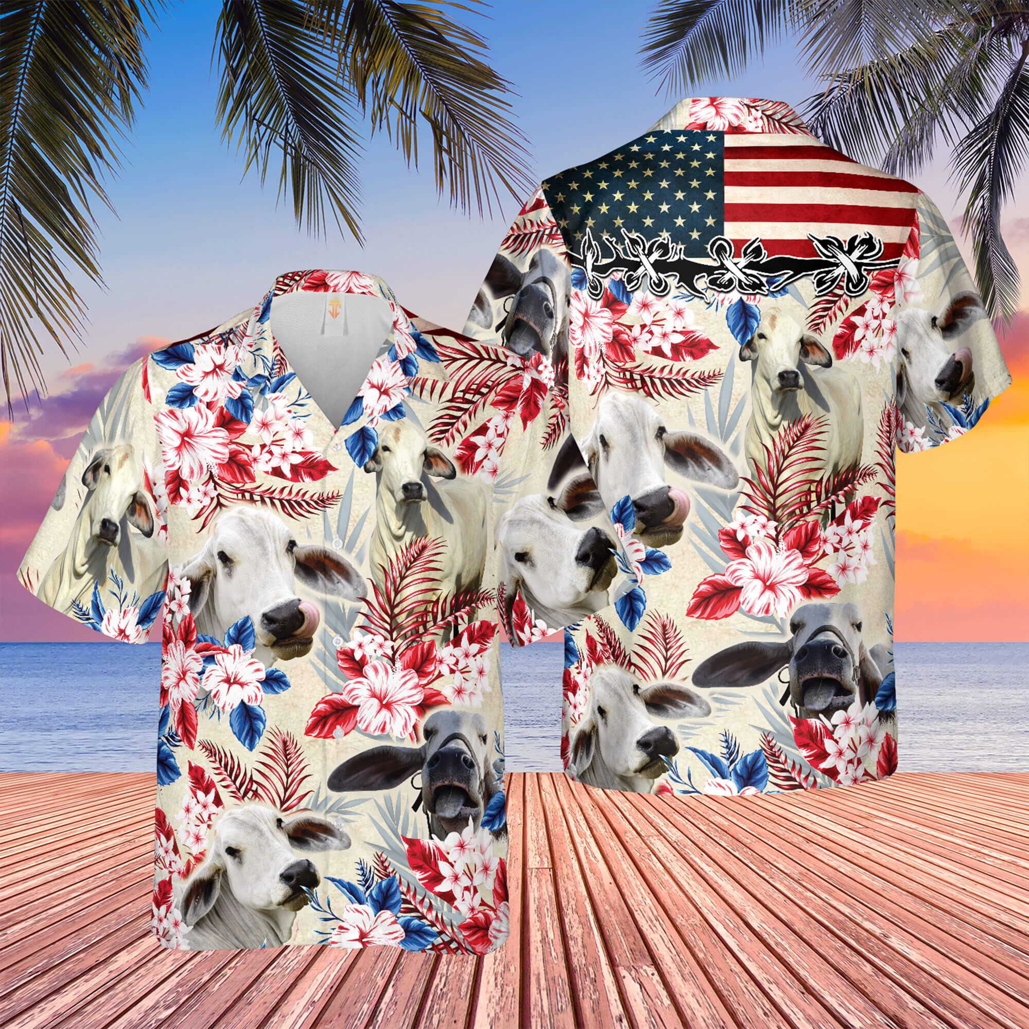 Unique Brahman Cattle American Flag Hawaiian Flowers All Over Printed 3D Hawaiian Shirt
