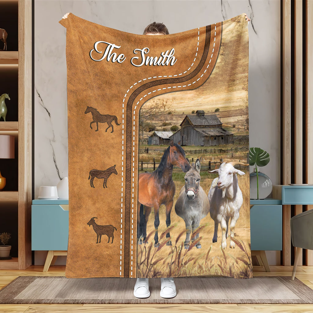 Personalized Horse, Donkey and Goat In Field Farmhouse Blanket