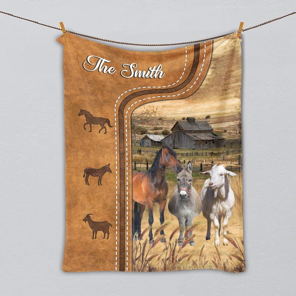 Personalized Horse, Donkey and Goat In Field Farmhouse Blanket