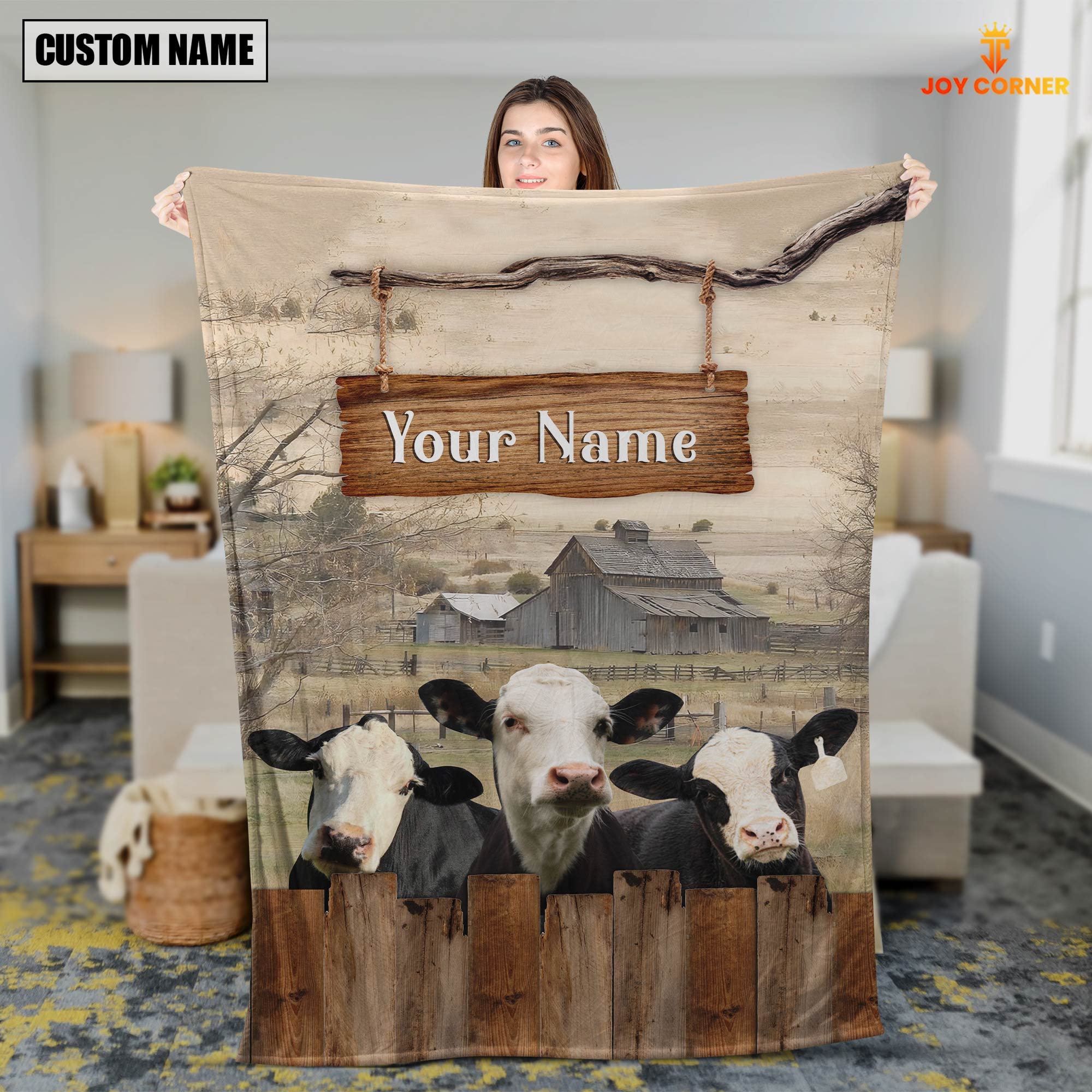 Personalized Name Black Hereford Wooden Pattern Blanket