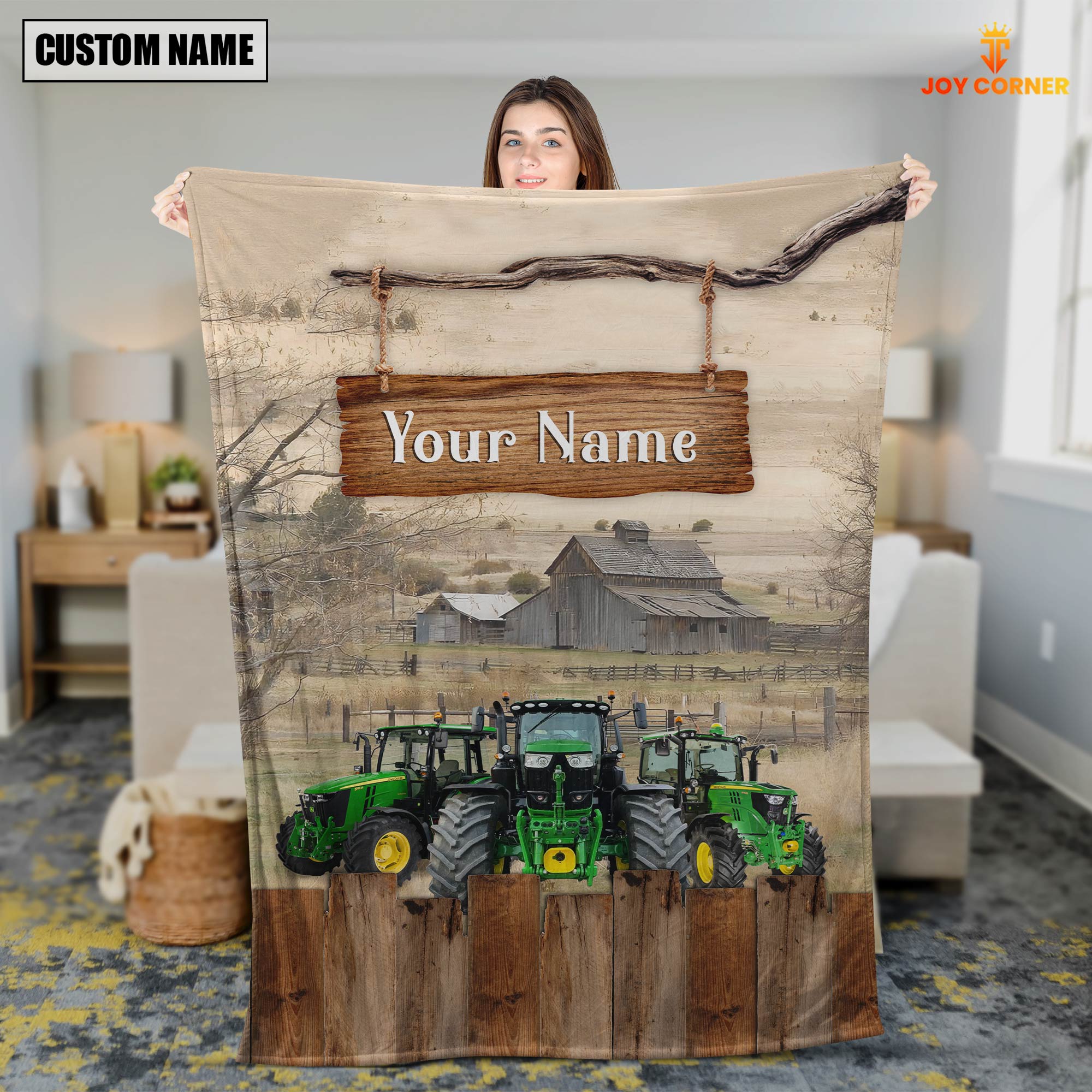 Personalized Name Tractor Wooden Pattern Blanket