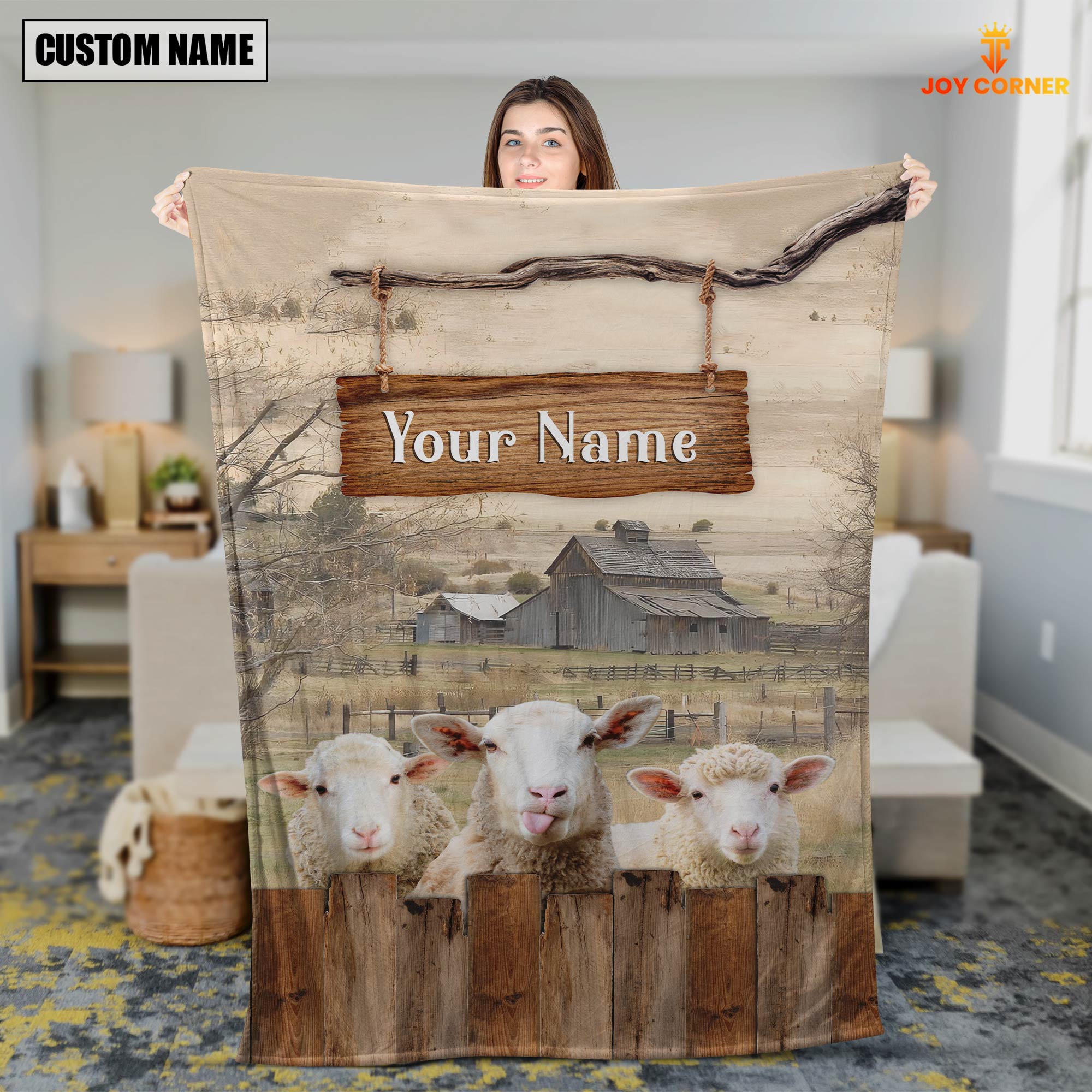 Personalized Name Sheep Wooden Pattern Blanket