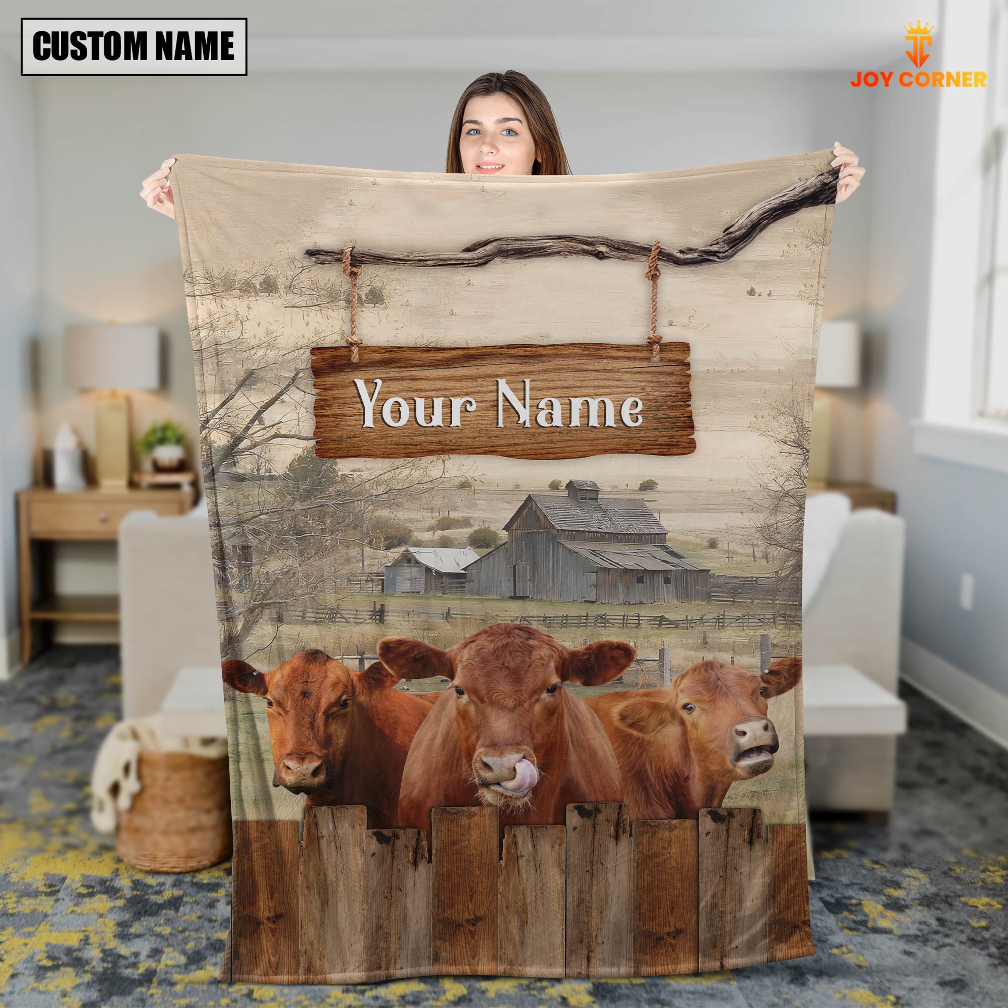 Personalized Name Red Angus Wooden Pattern Blanket