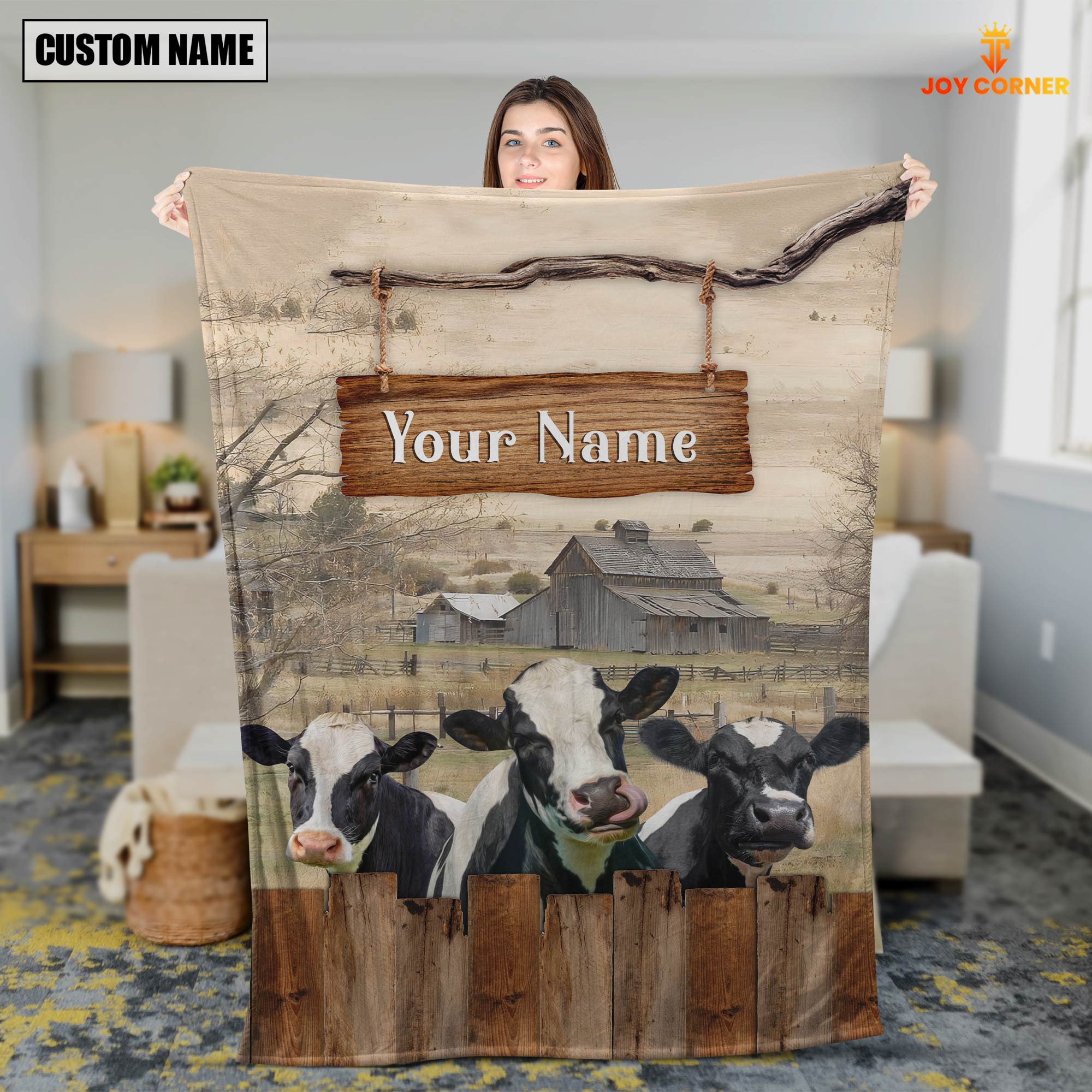 Personalized Name Holstein Wooden Pattern Blanket