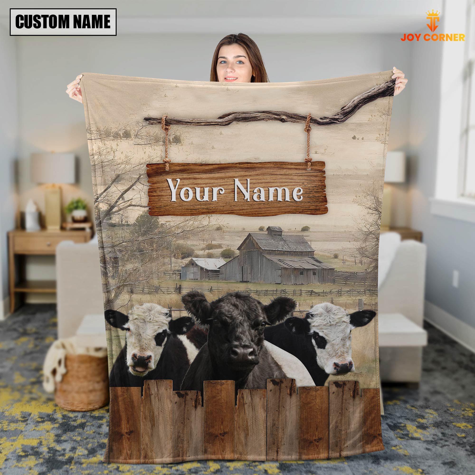 Personalized Name Belted Galloway Wooden Pattern Blanket