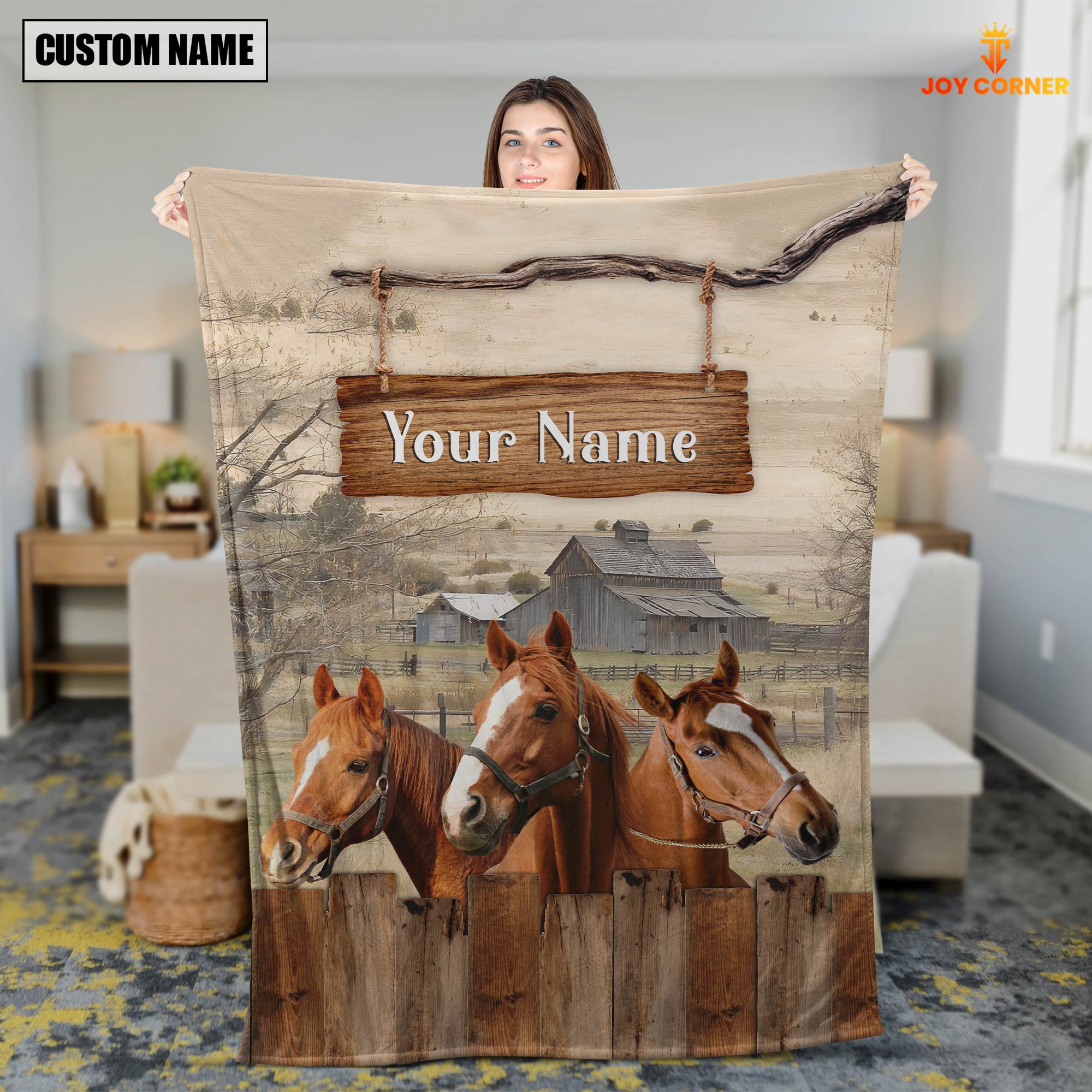 Personalized Name Horse Wooden Pattern Blanket