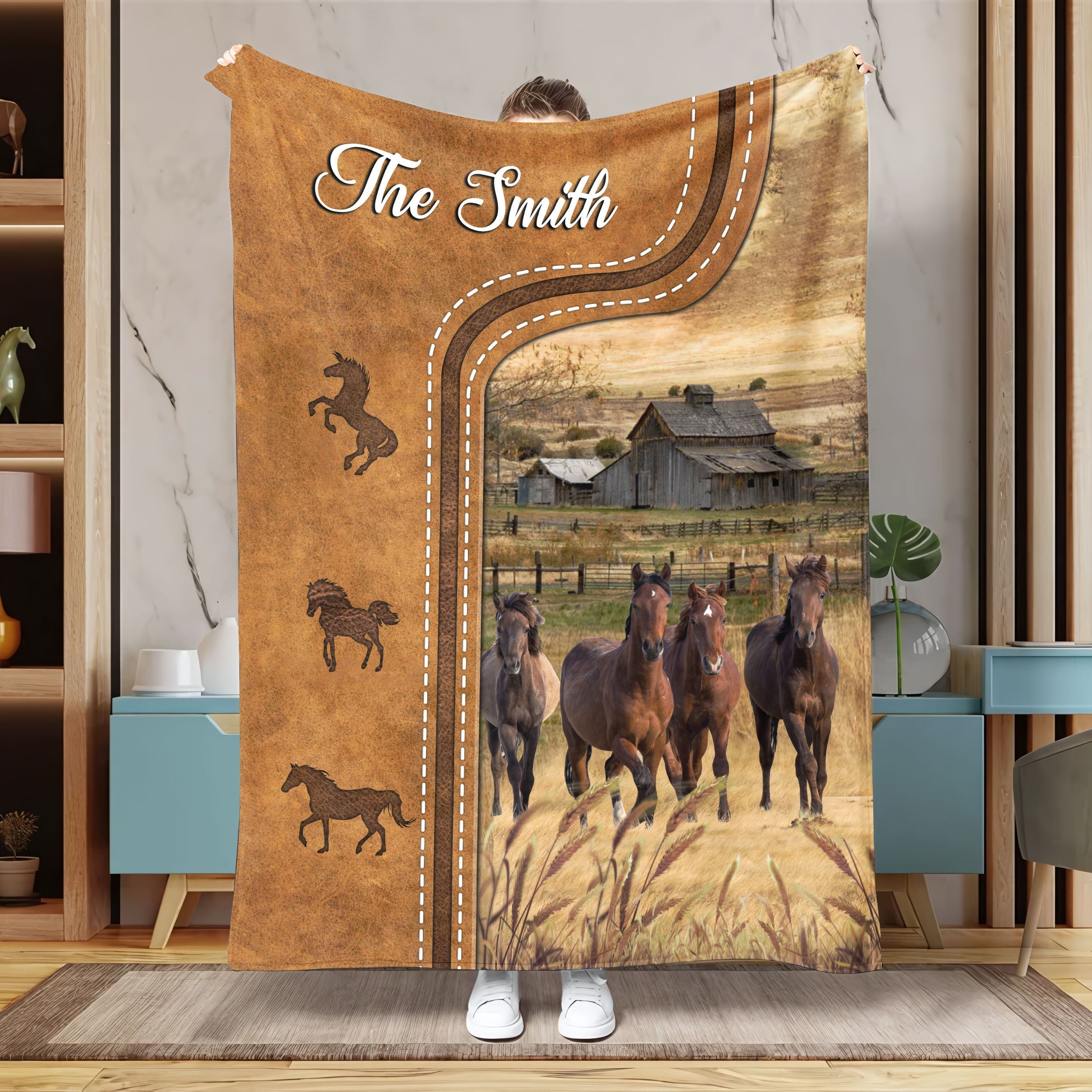 Personalized Horse In Field Farmhouse Blanket