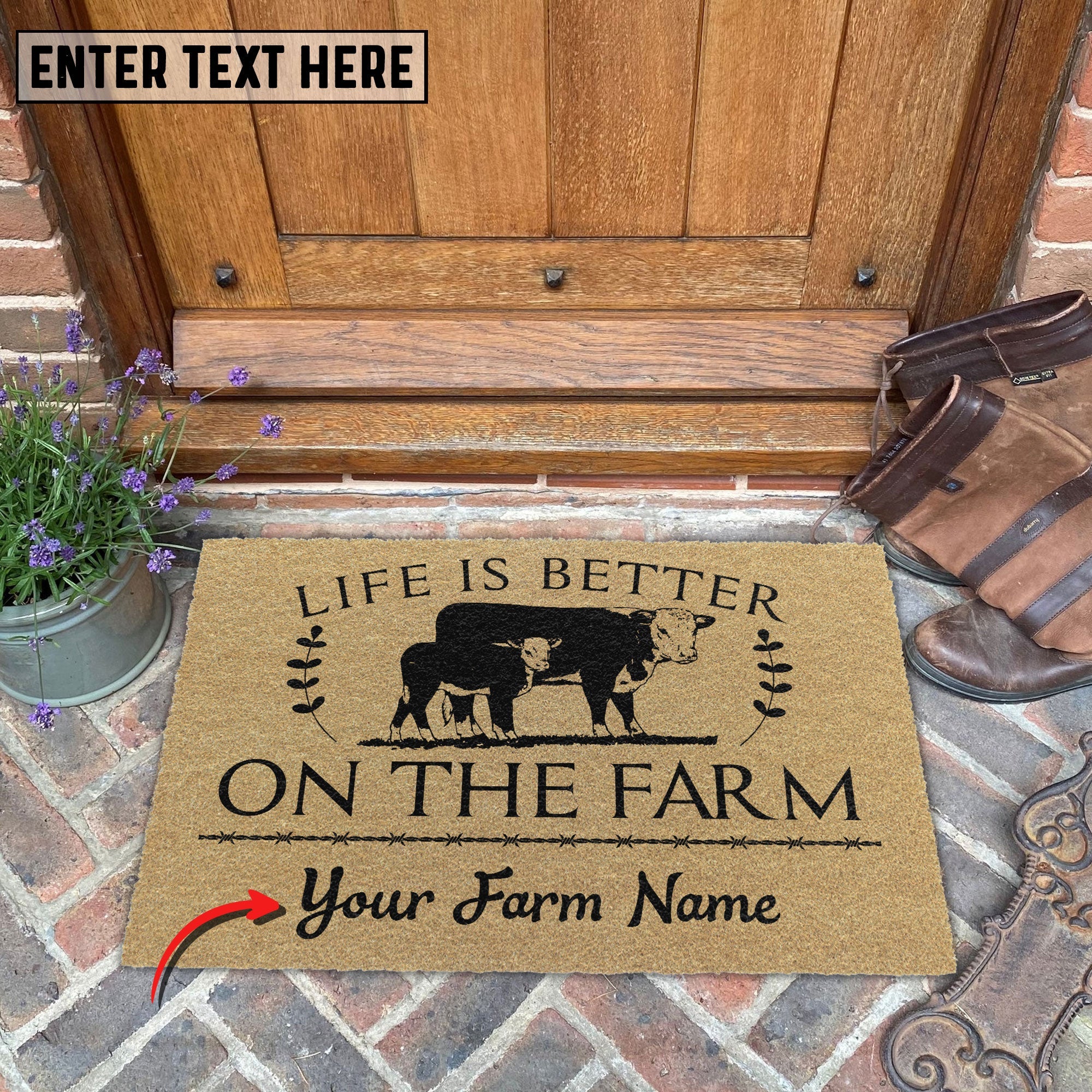Hereford Life Is Better On The Farm Custom Name Coir Doormat
