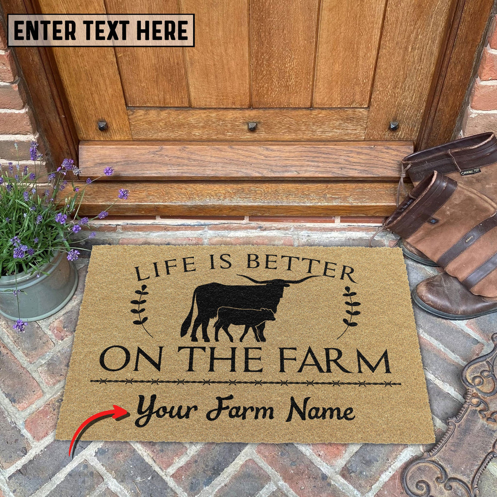 Texas Longhorn Life Is Better On The Farm Custom Name Coir Doormat
