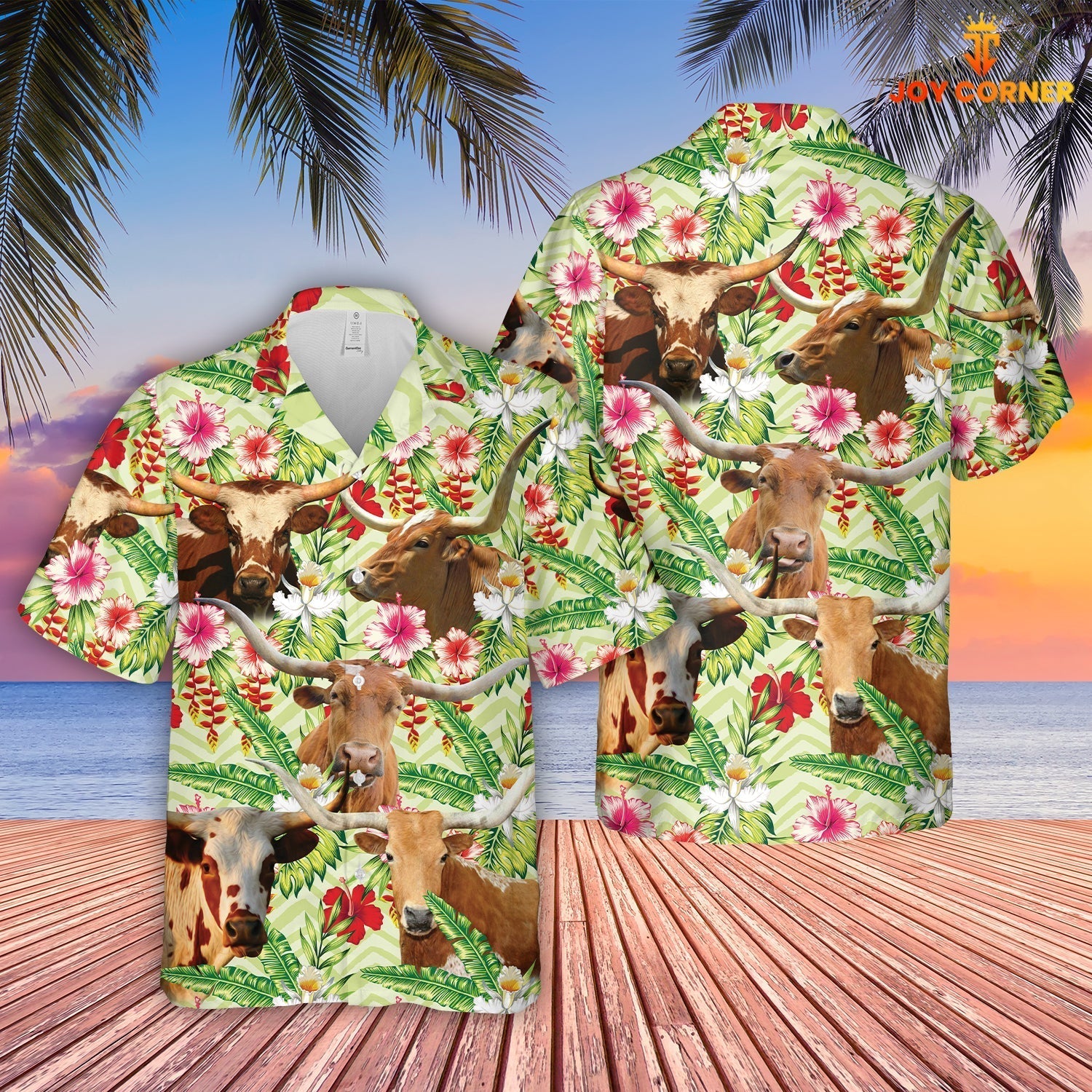Texas Longhorn Hibicus Floral 3D Hawaiian Shirt