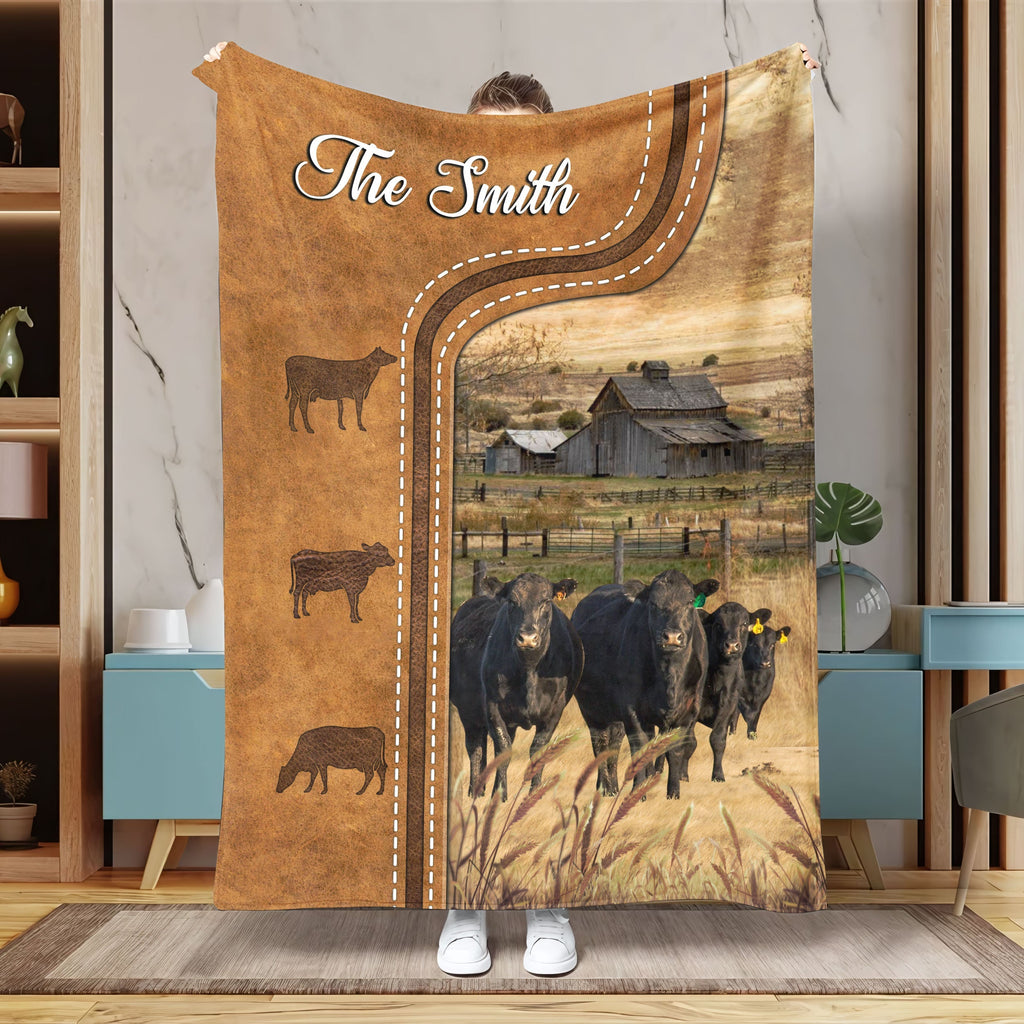 Personalized Black Angus Cattle In Field Farmhouse Blanket