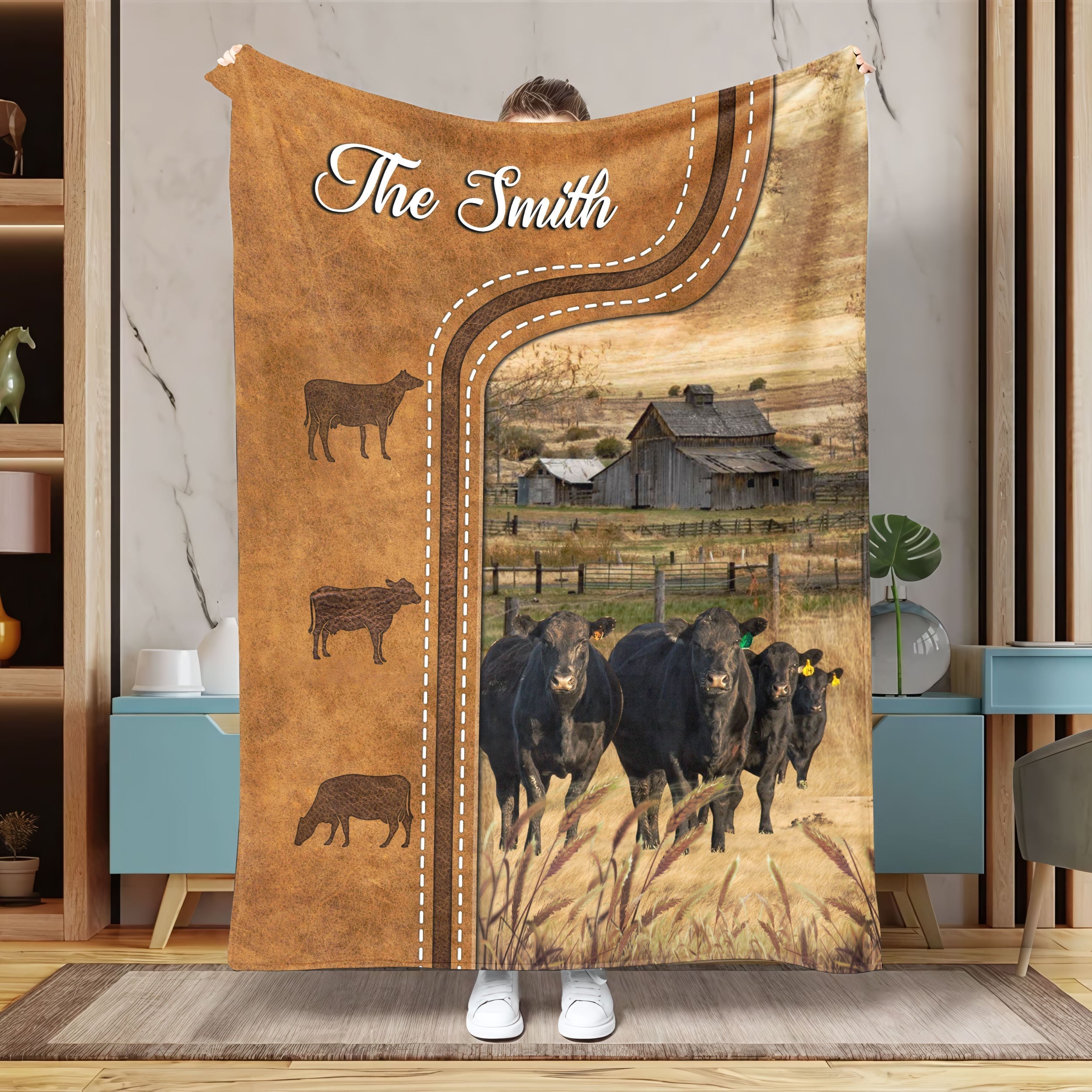 Personalized Black Angus Cattle In Field Farmhouse Blanket