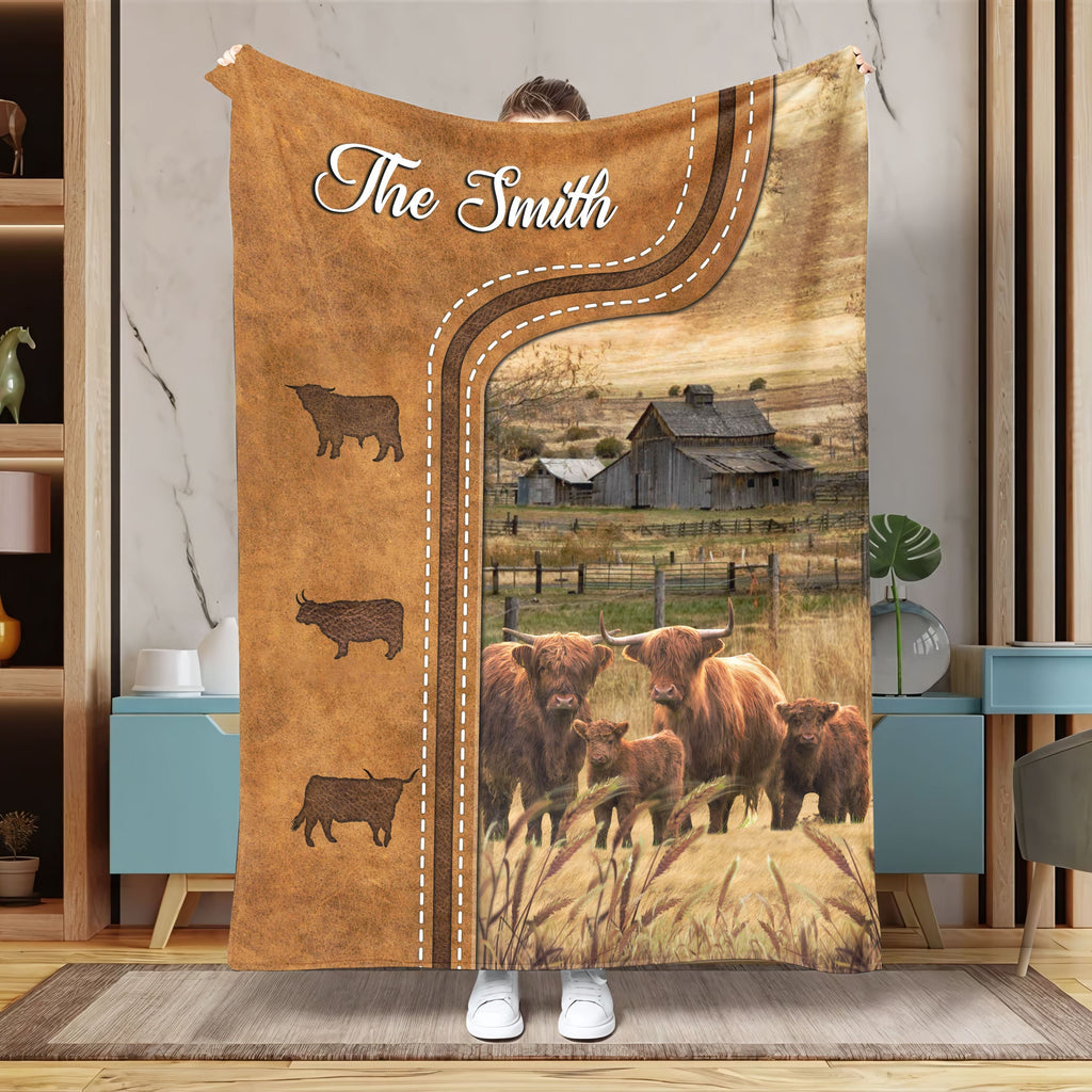 Personalized Highland Cattle In Field Farmhouse Blanket