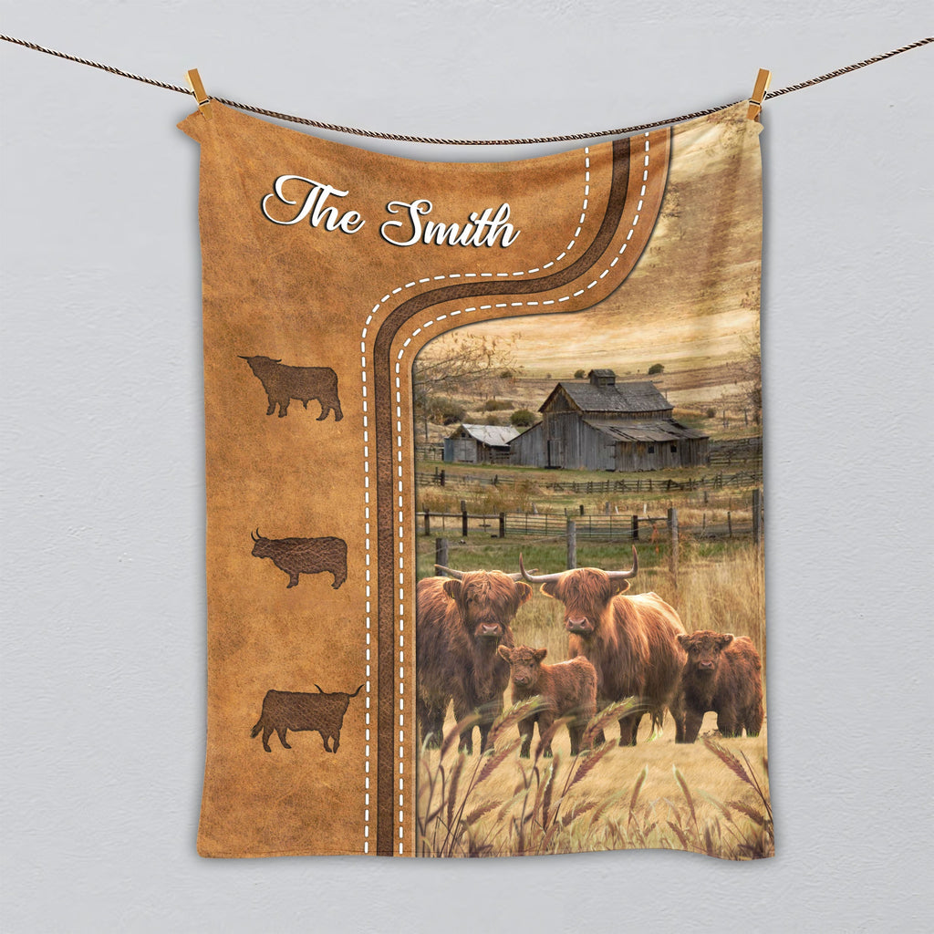 Personalized Highland Cattle In Field Farmhouse Blanket
