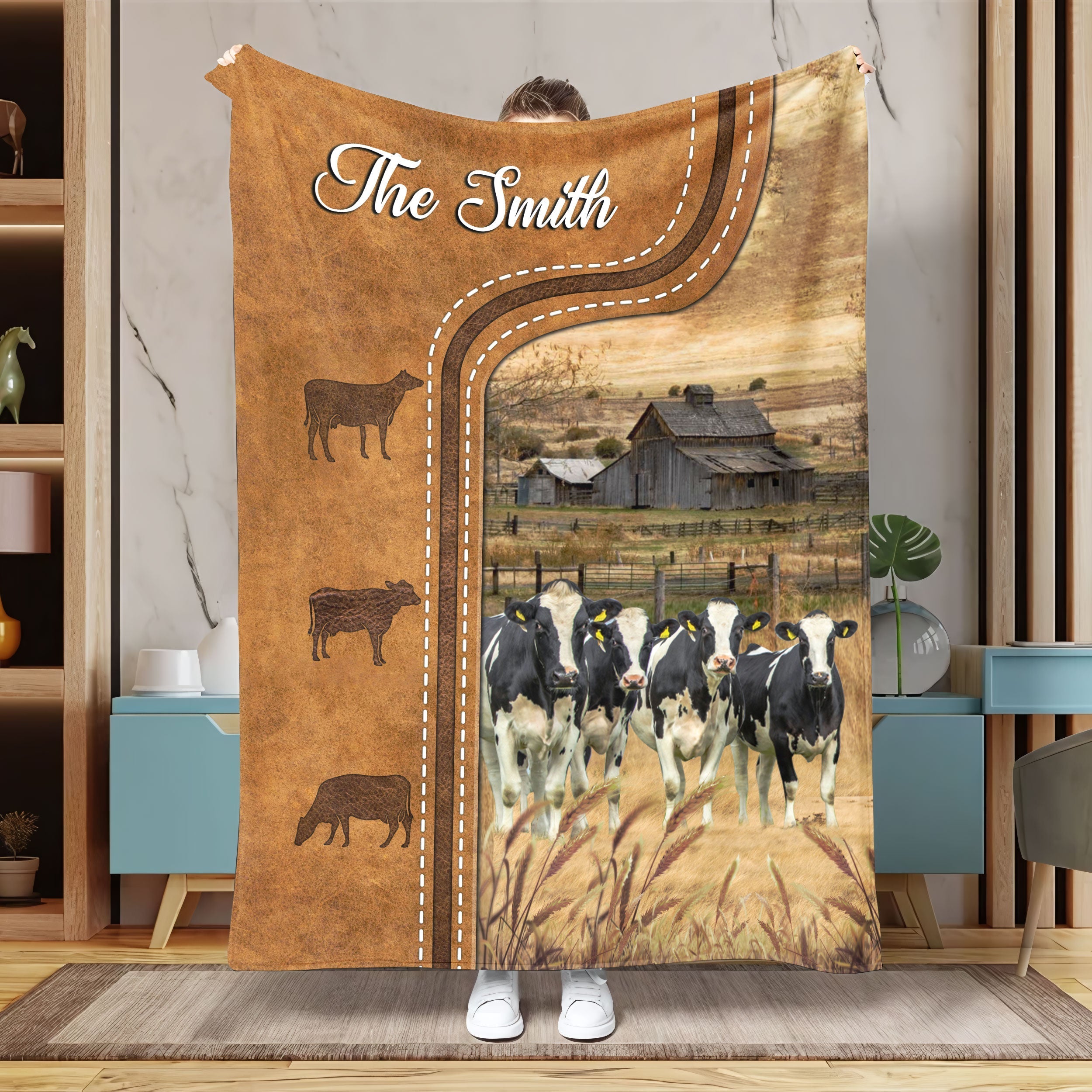 Personalized Holstein Cattle In Field Farmhouse Blanket