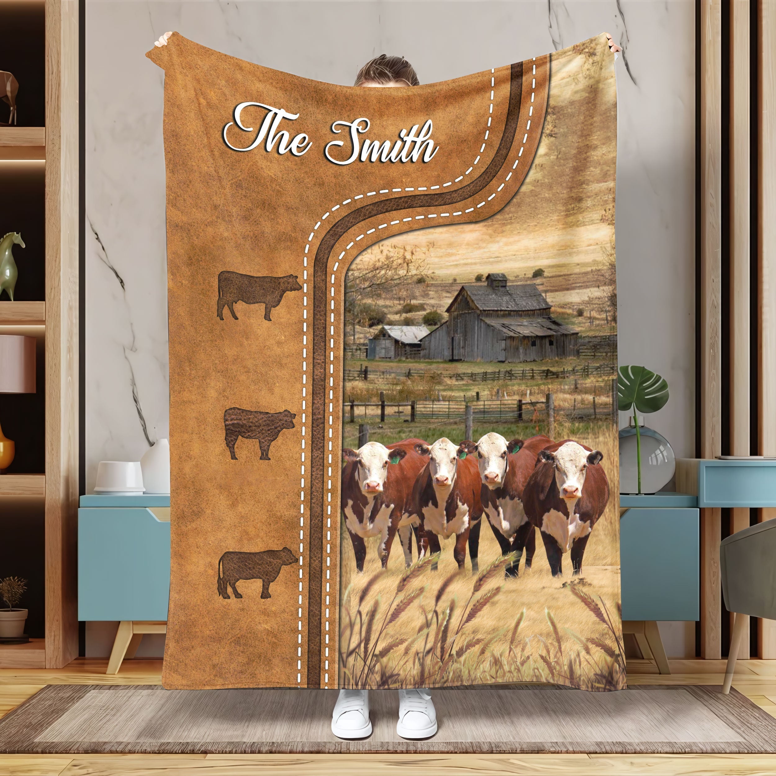 Personalized Hereford Cattle In Field Farmhouse Blanket