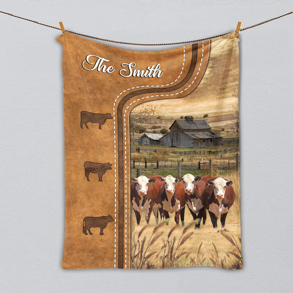 Personalized Hereford Cattle In Field Farmhouse Blanket