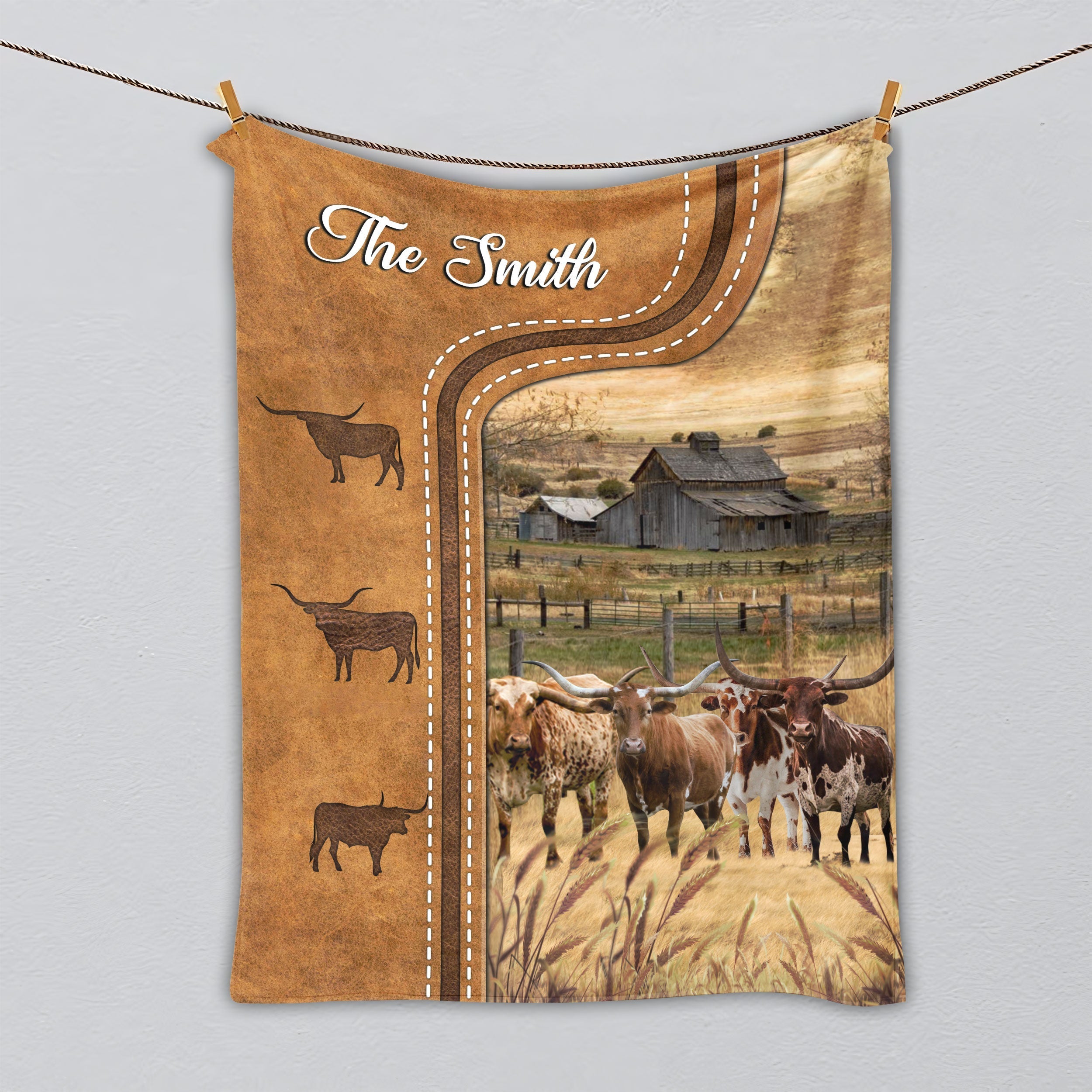 Personalized Texas Longhorn Cattle In Field Farmhouse Blanket