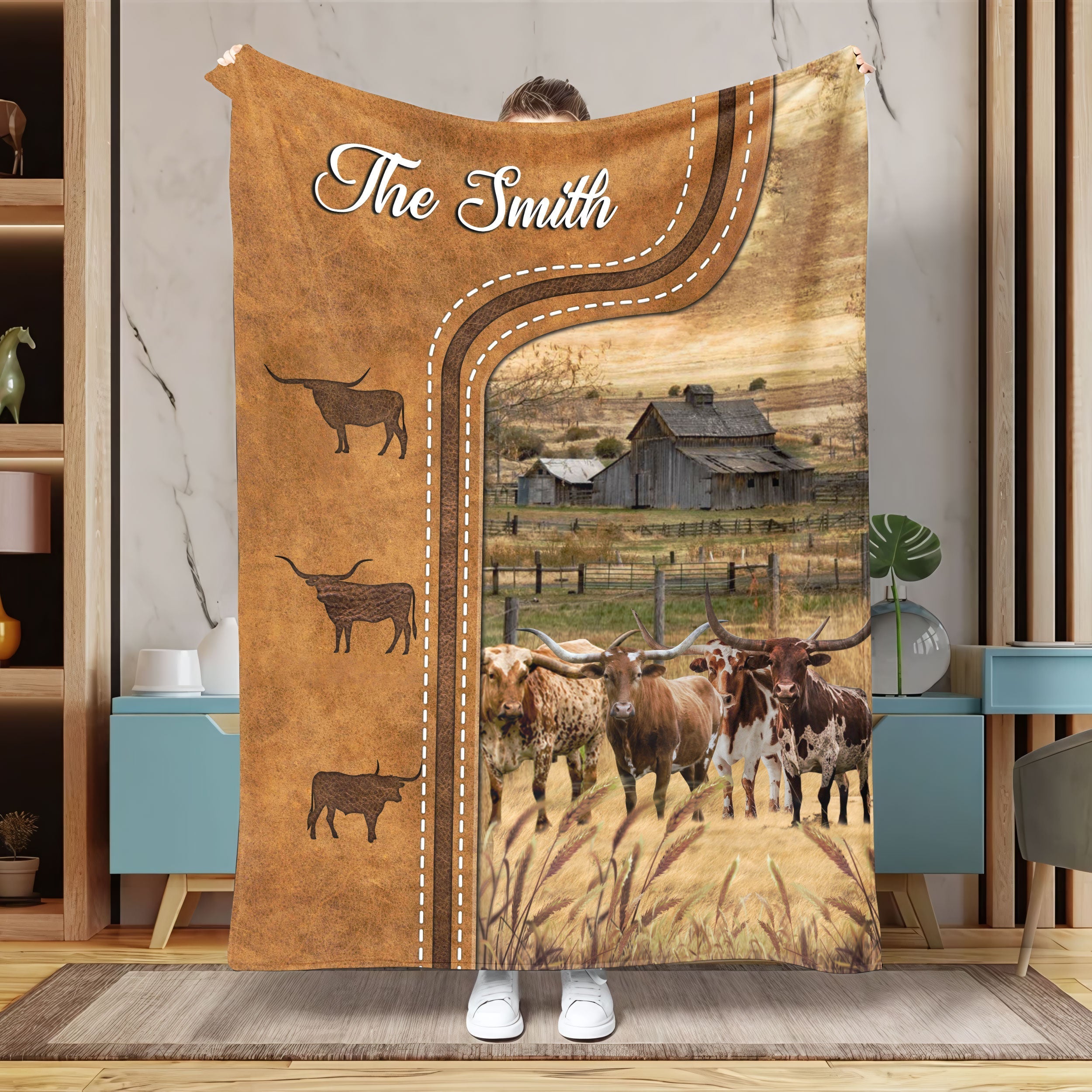 Personalized Texas Longhorn Cattle In Field Farmhouse Blanket