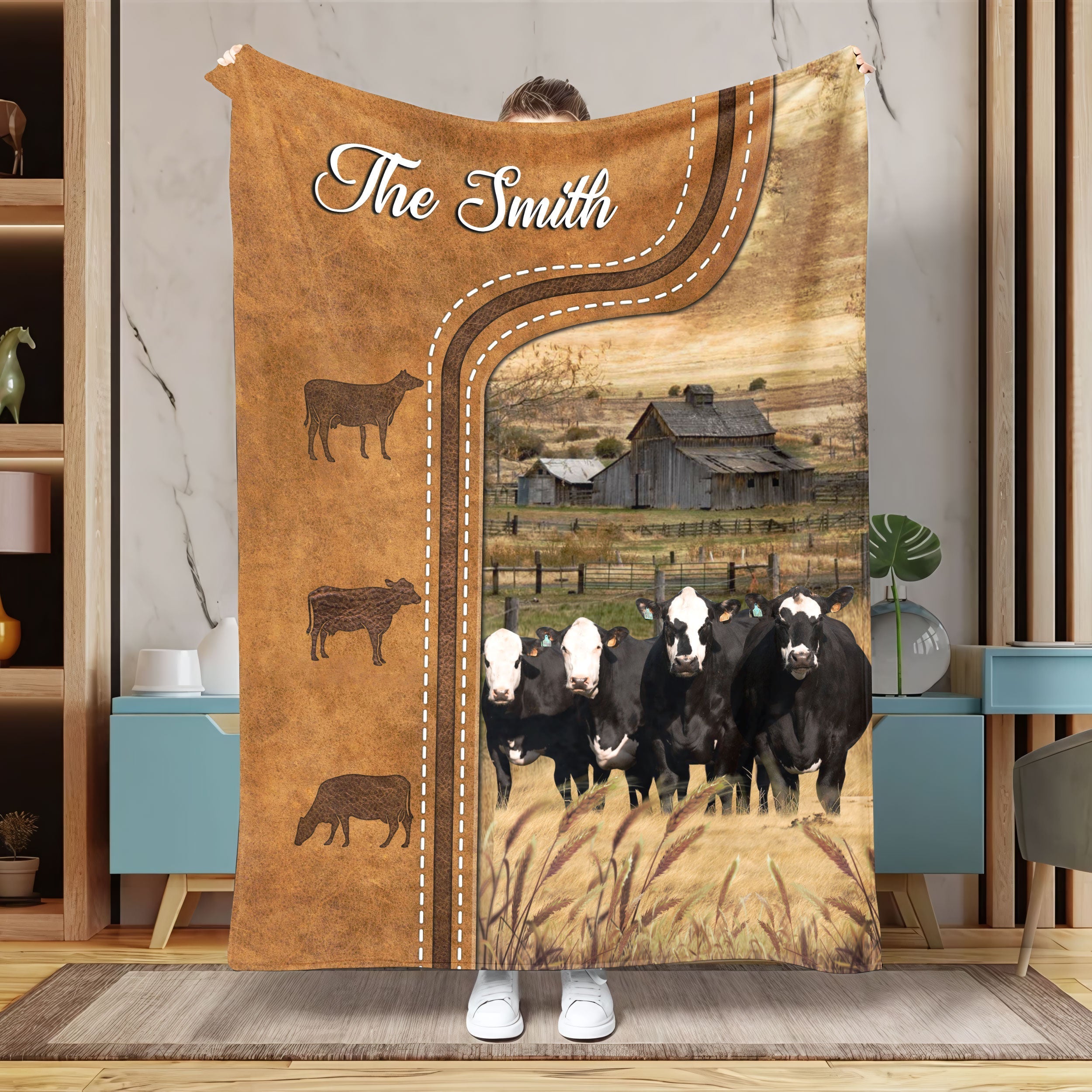 Personalized Black Baldy Cattle In Field Farmhouse Blanket