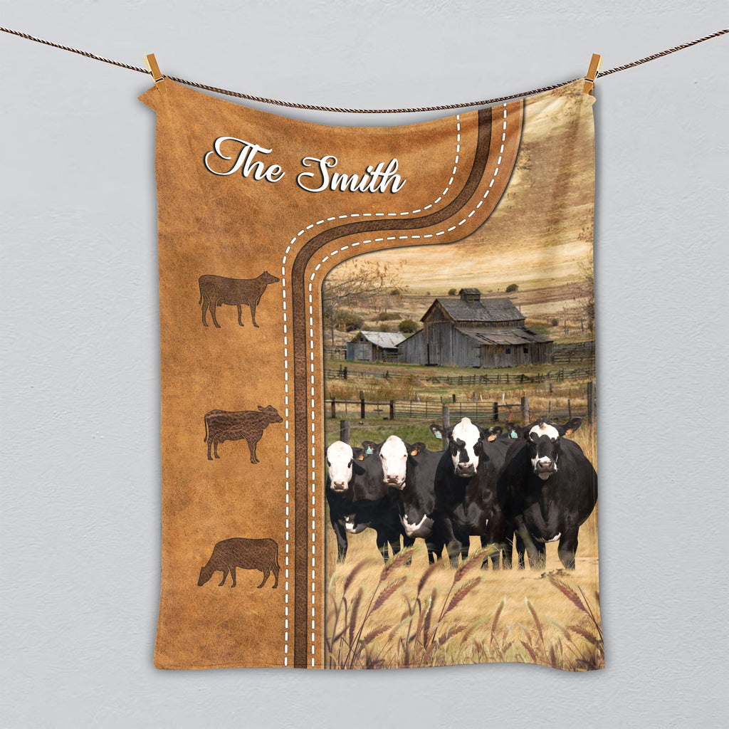 Personalized Black Baldy Cattle In Field Farmhouse Blanket