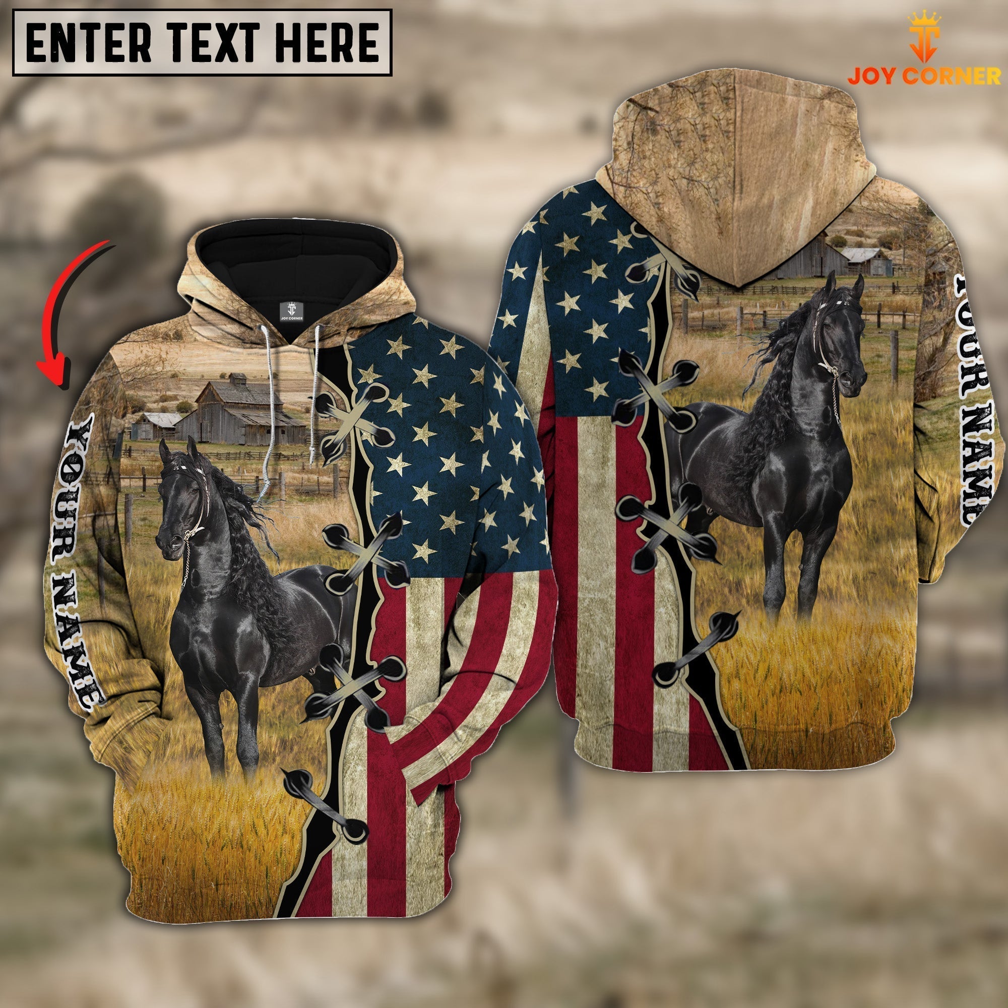 Black Horse On Farms Custom Name American Flag 3D Shirt