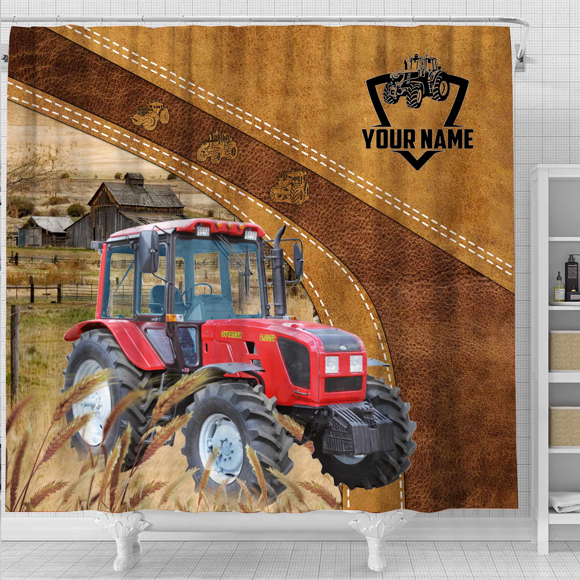 Custom Name Red Tractor Pattern Shower Curtain