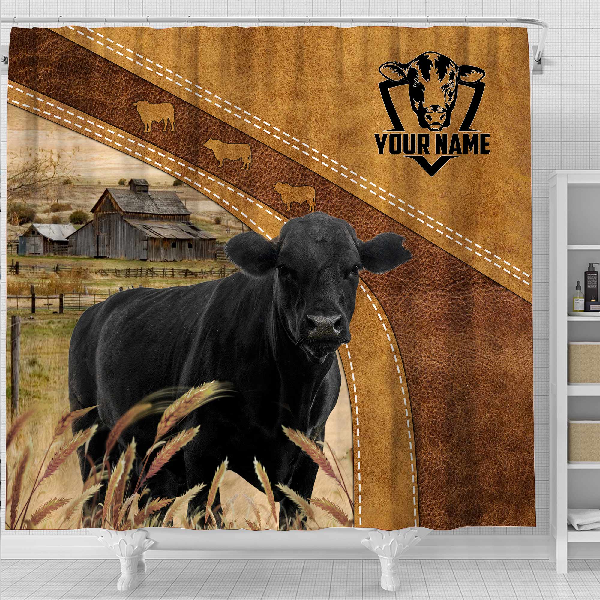 Custom Name Black Angus Pattern Shower Curtain