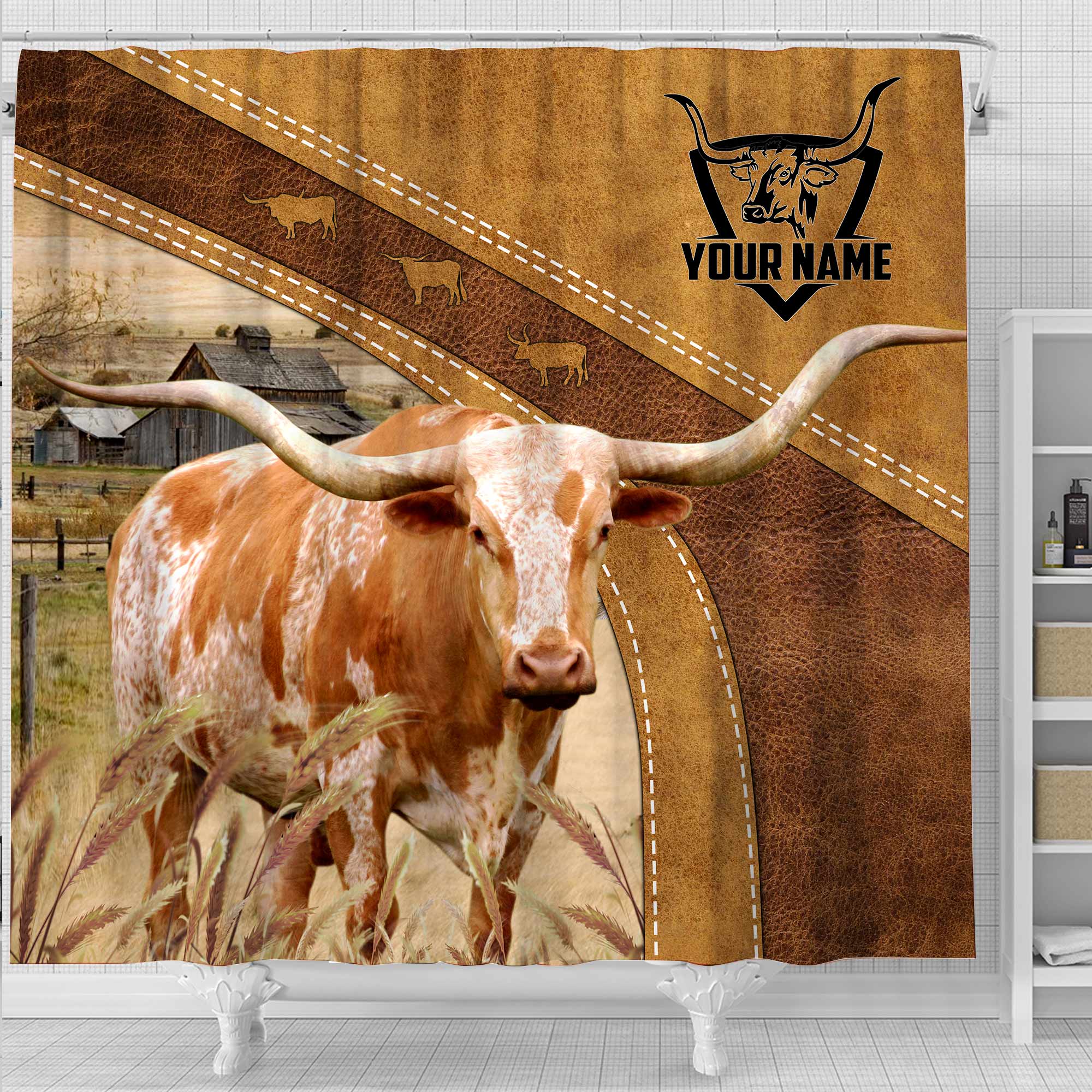 Custom Name Texas Longhorn Pattern Shower Curtain