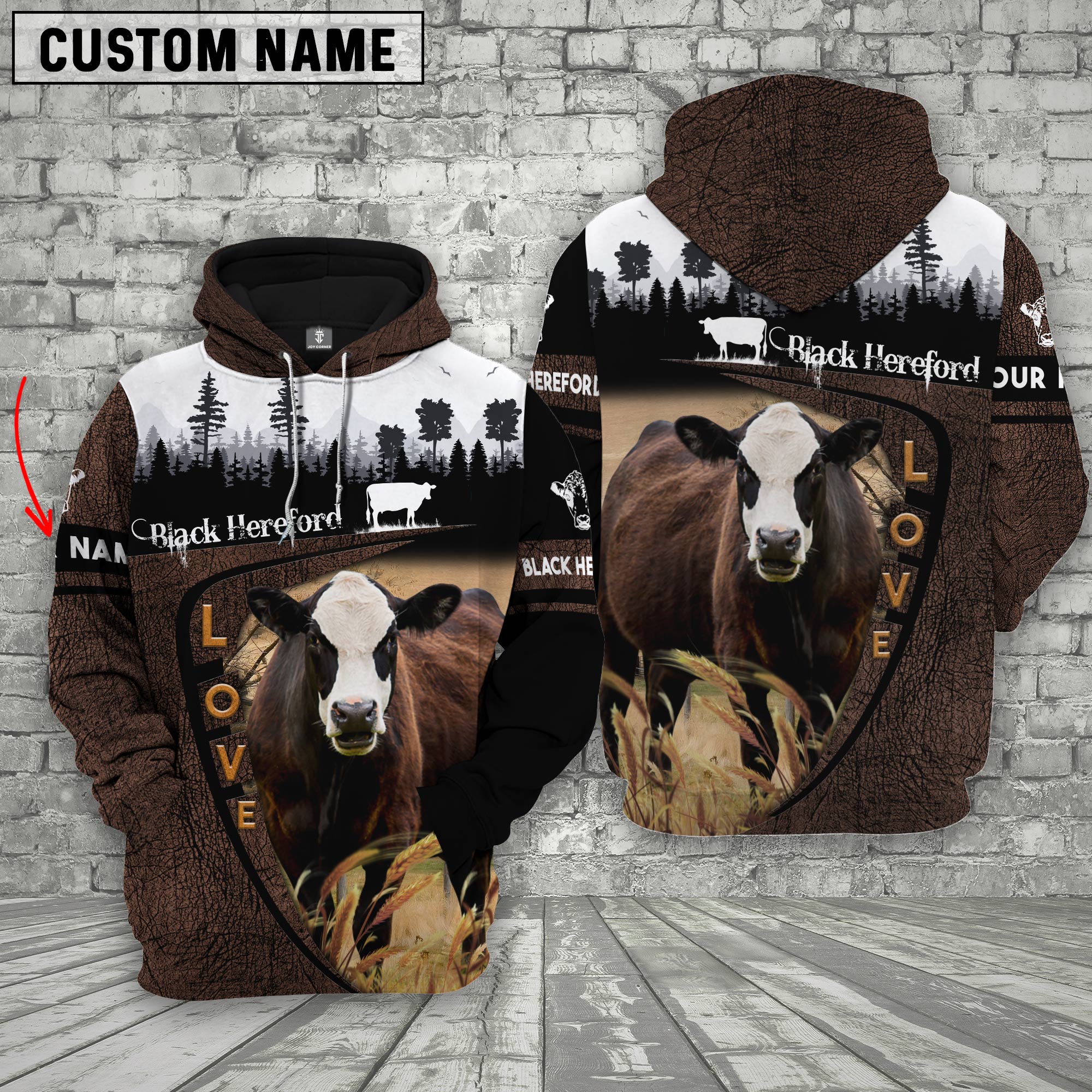 Black Hereford On Farms Custom Name Printed 3D Wooden Forest Hoodie